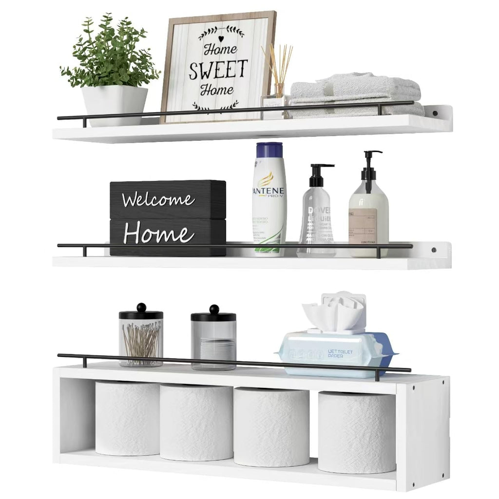 Floating Bathroom Wall Shelves with Cube Storage and Metal Rail
