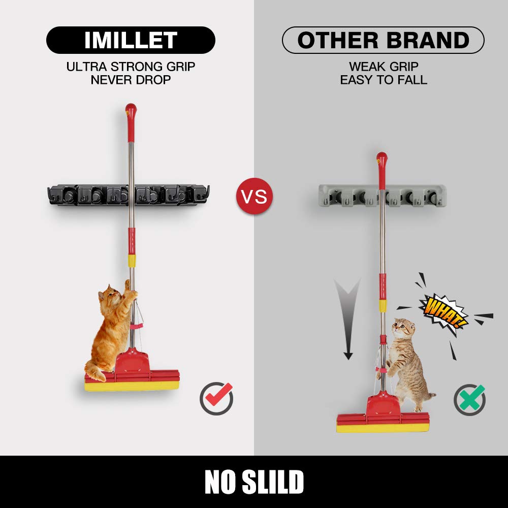 Wall Mounted Mop and Broom Holder with Five Slots and Six Hooks