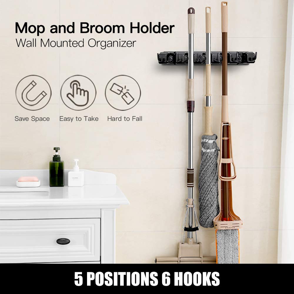 Wall Mounted Mop and Broom Holder with Five Slots and Six Hooks