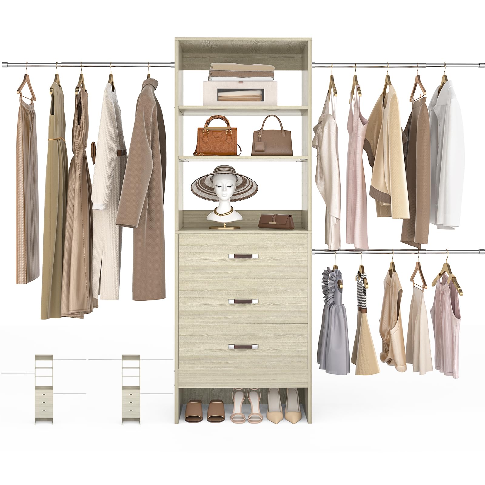 Closet Organizer System with Fabric Drawers Shelves and Garment Rack