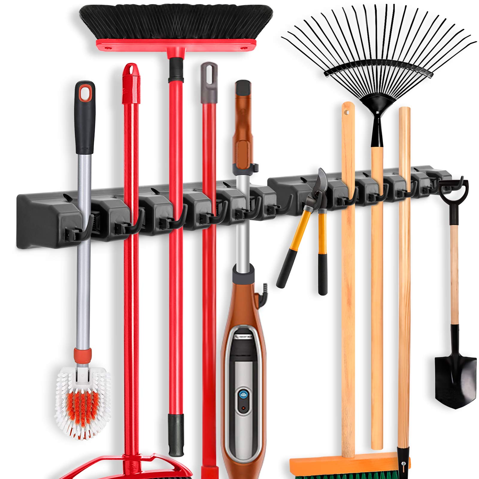 Wall Mounted Mop and Broom Holder with Five Slots and Six Hooks