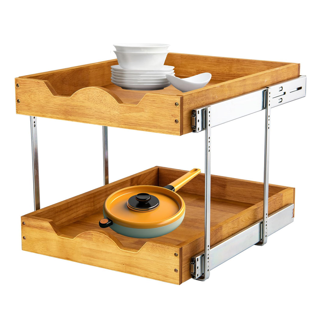Two Tier Pull Out Cabinet Organizer with Wood Drawer