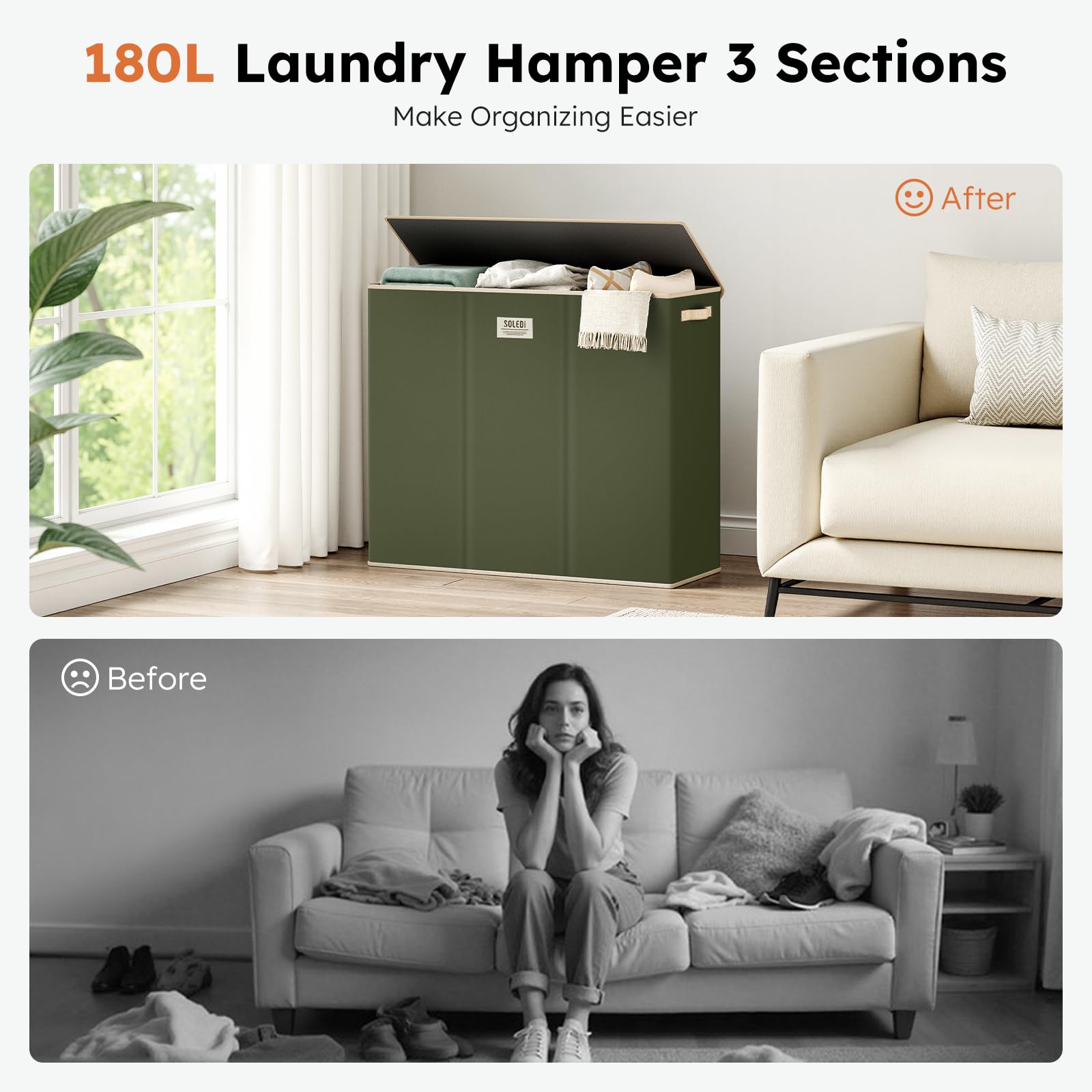 Extra Large 180L Three Section Laundry Hamper with Lid and Handles