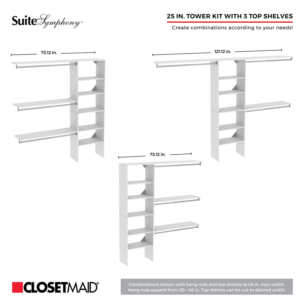 25 Inch Adjustable Closet Organizer Kit with Storage Tower in Pure White