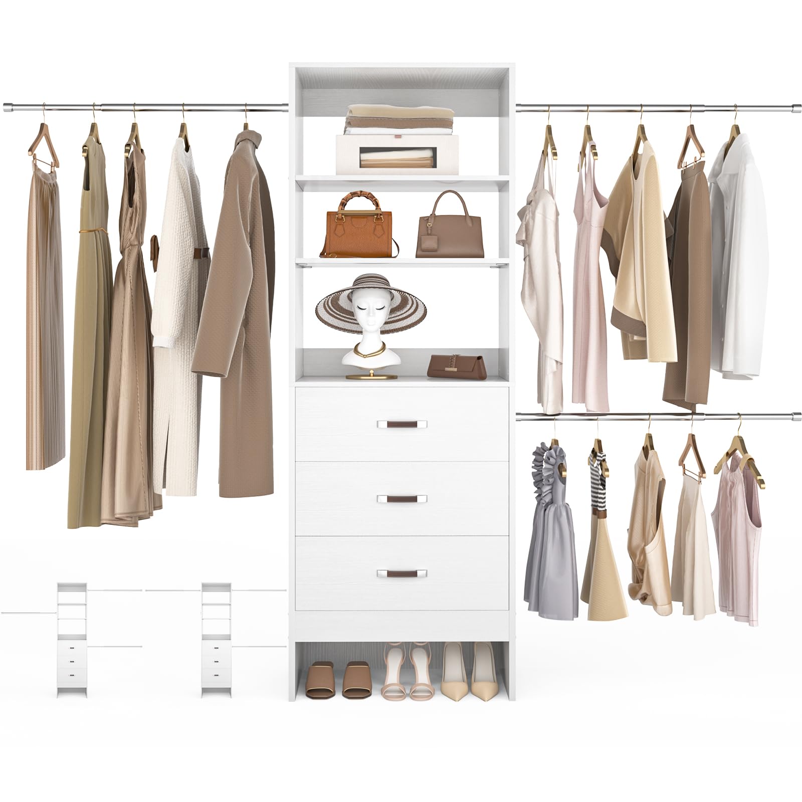 Closet Organizer System with Fabric Drawers Shelves and Garment Rack