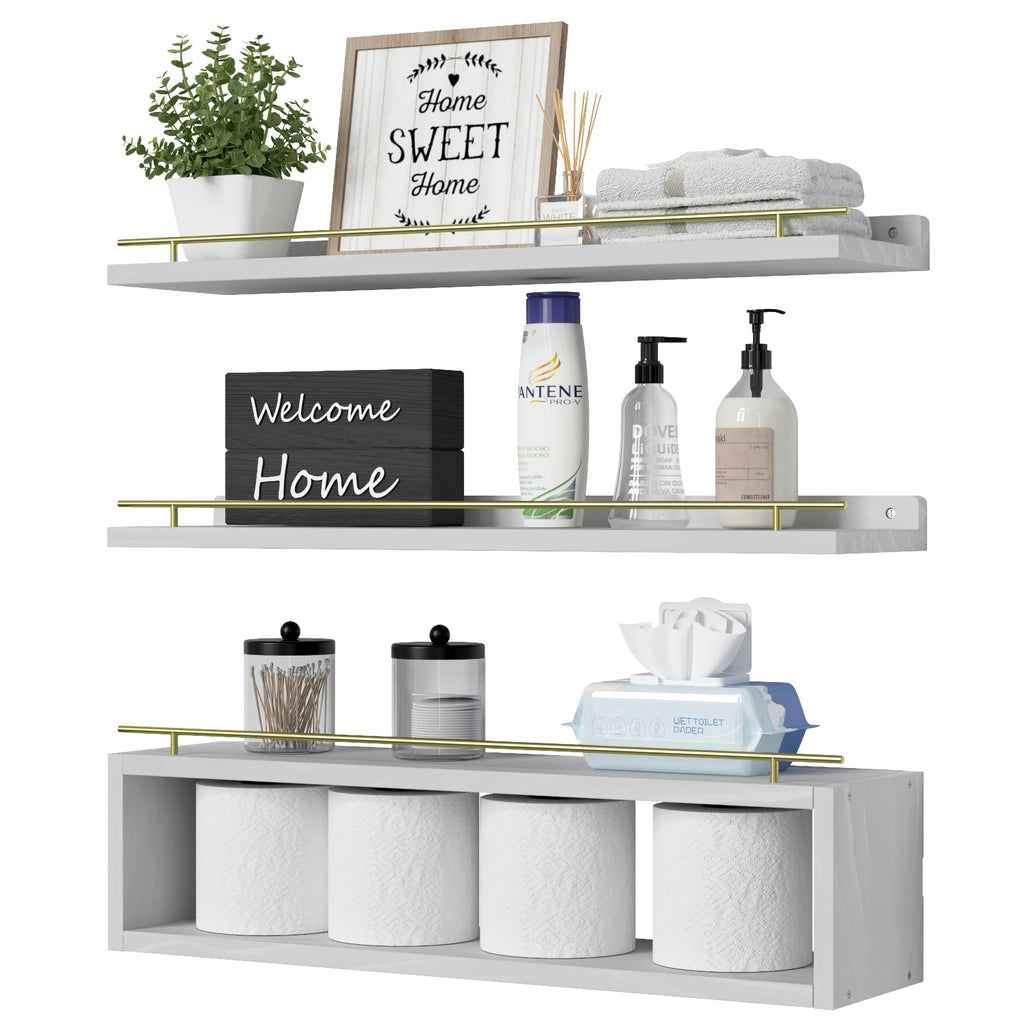 Floating Bathroom Wall Shelves with Cube Storage and Metal Rail