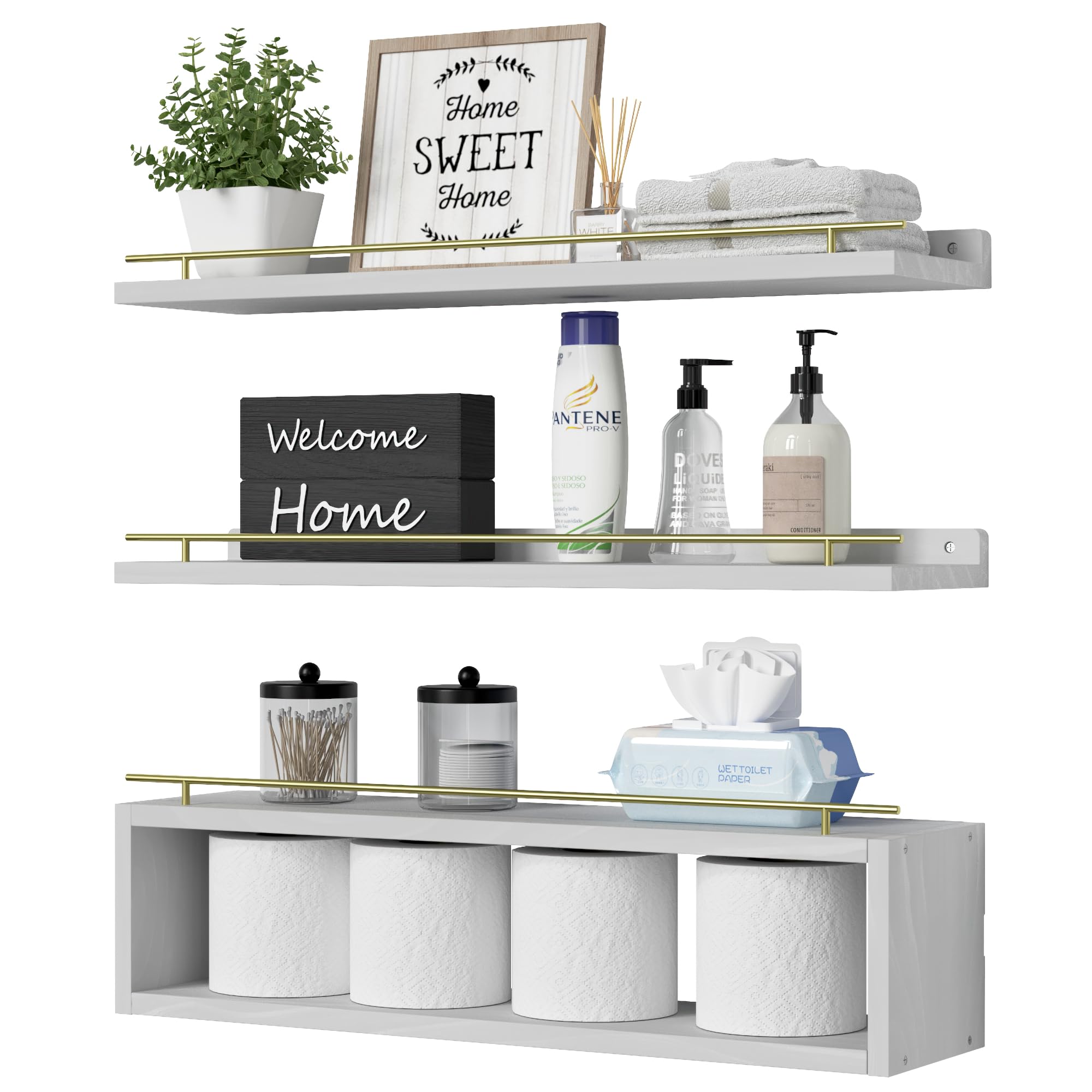 Floating Bathroom Wall Shelves with Cube Storage and Metal Rail