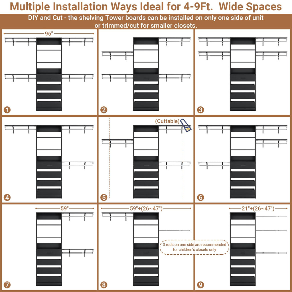 8FT Closet Organizer System with 4 Wooden Drawers and 4 Shelves