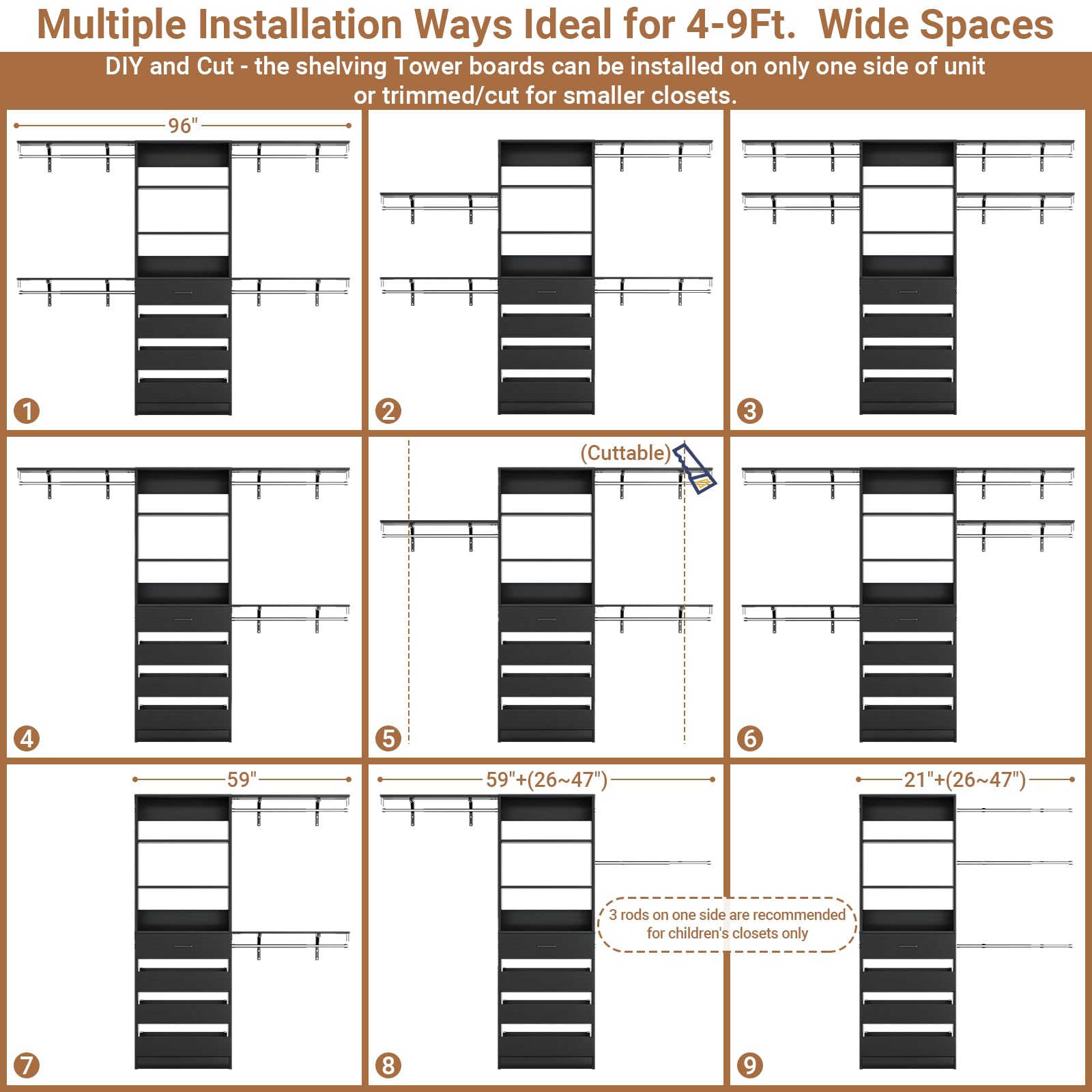 8FT Closet Organizer System with 4 Wooden Drawers and 4 Shelves
