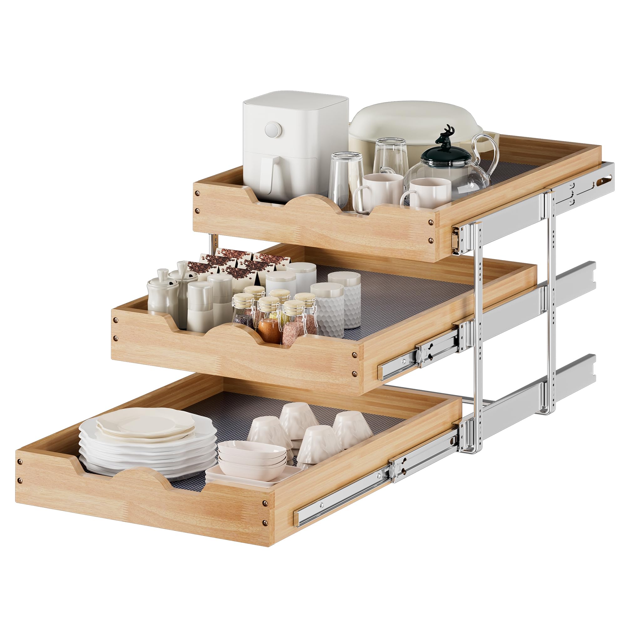 Two Tier Pull Out Cabinet Organizer with Wood Drawer