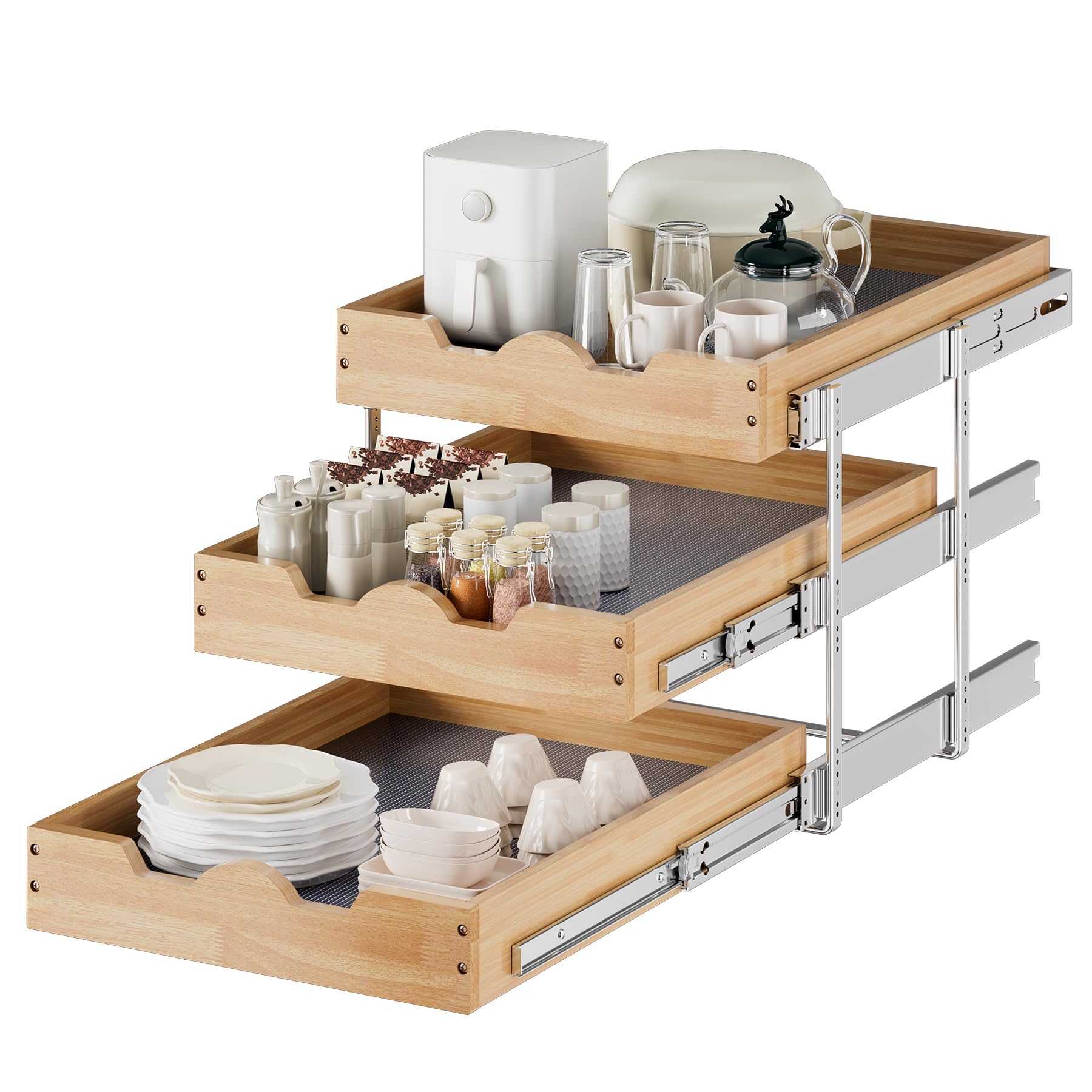 Two Tier Pull Out Cabinet Organizer with Wood Drawer