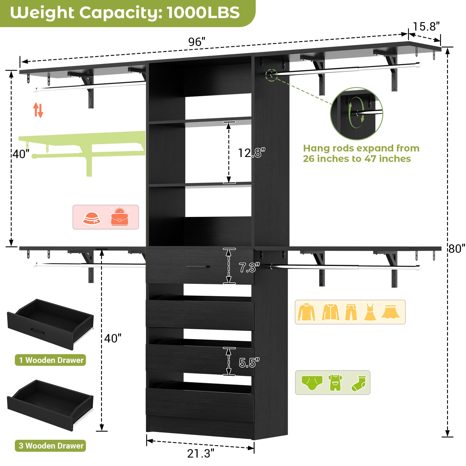 8FT Closet Organizer System with 4 Wooden Drawers and 4 Shelves