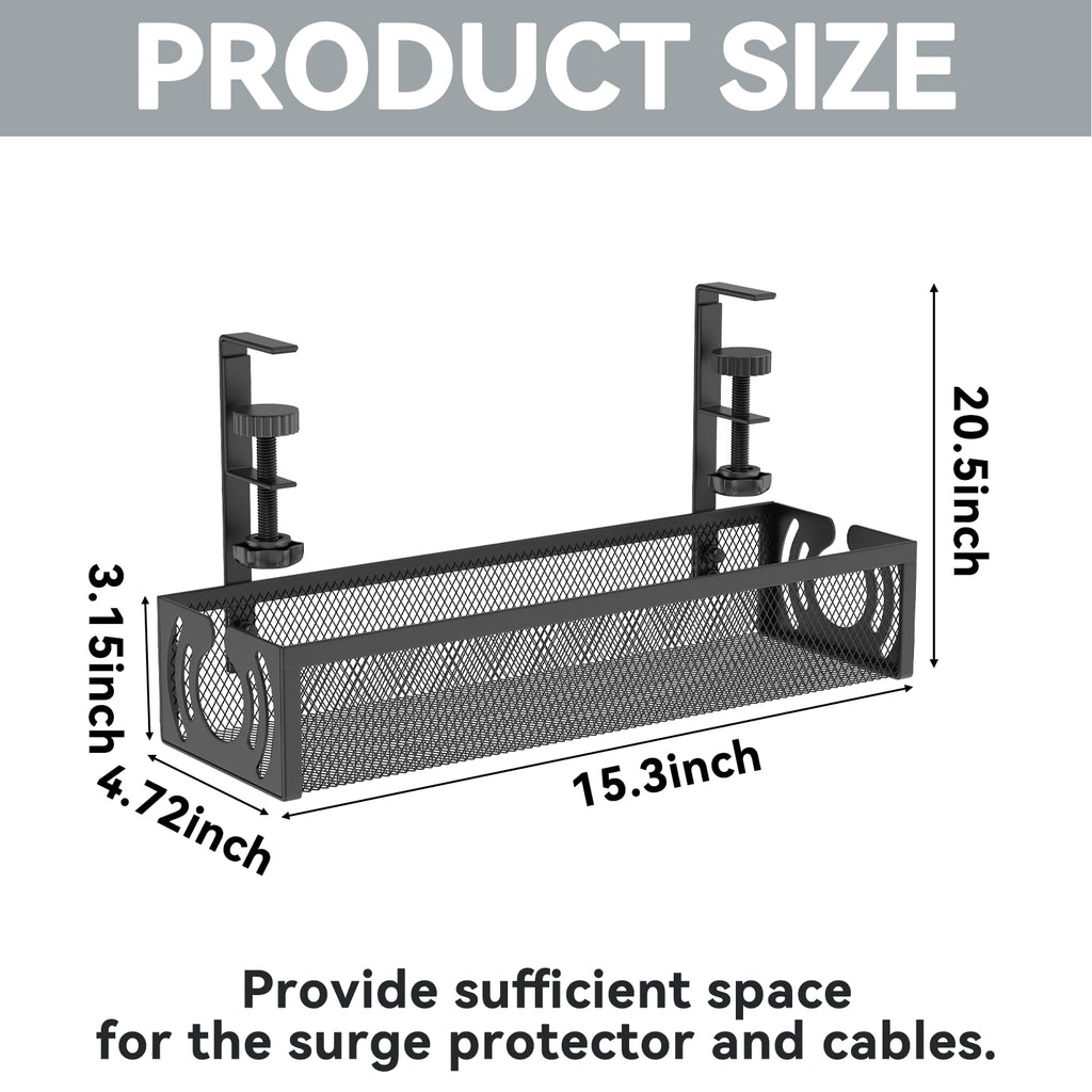 No Drill 15 Inch Under Desk Cable Management Tray