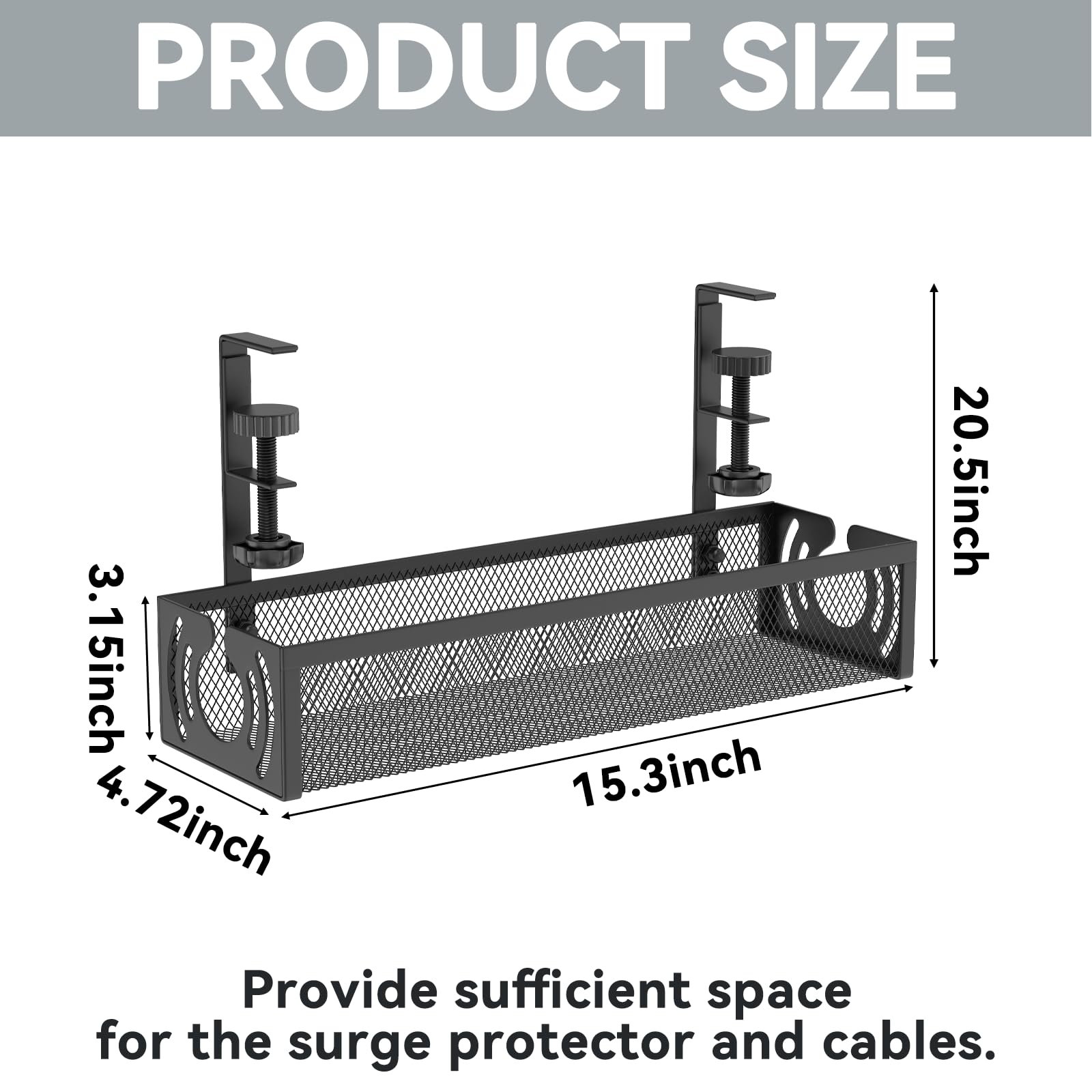 No Drill 15 Inch Under Desk Cable Management Tray