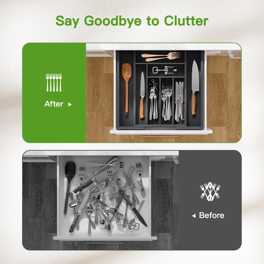 Expandable Bamboo Silverware and Cutlery Tray Organizer