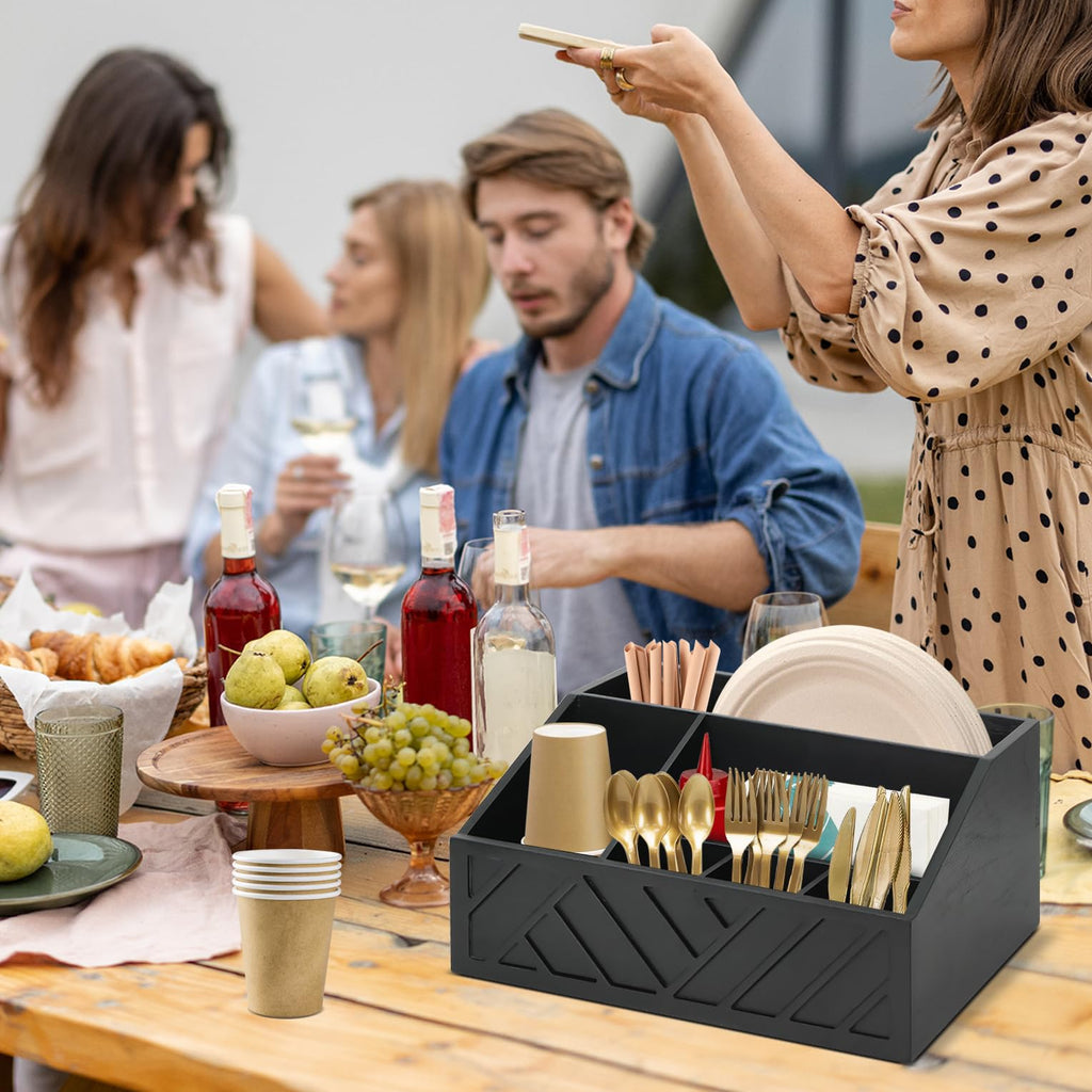 Six Compartment Wooden Utensil Caddy for Paper Plates and Cutlery