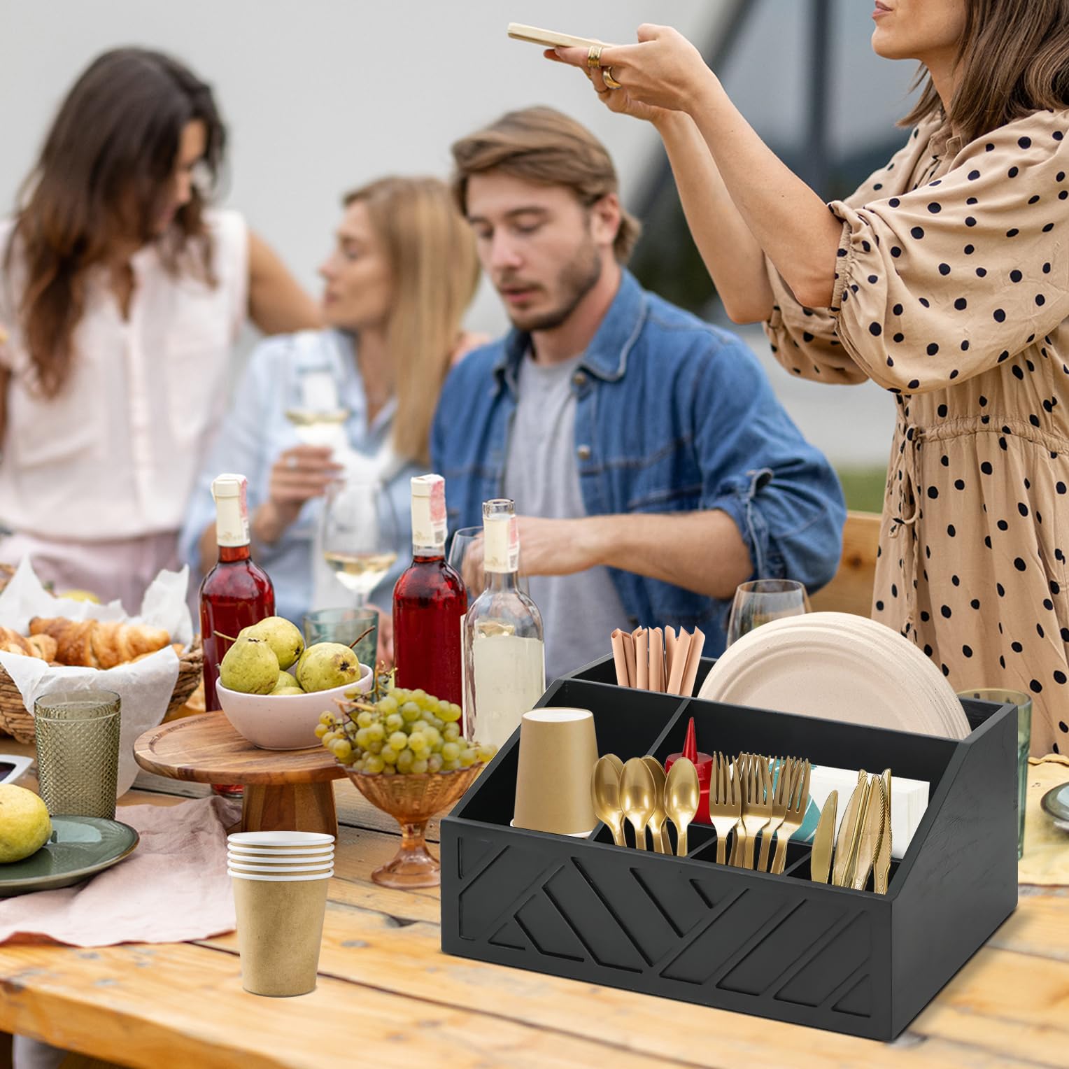 Six Compartment Wooden Utensil Caddy for Paper Plates and Cutlery