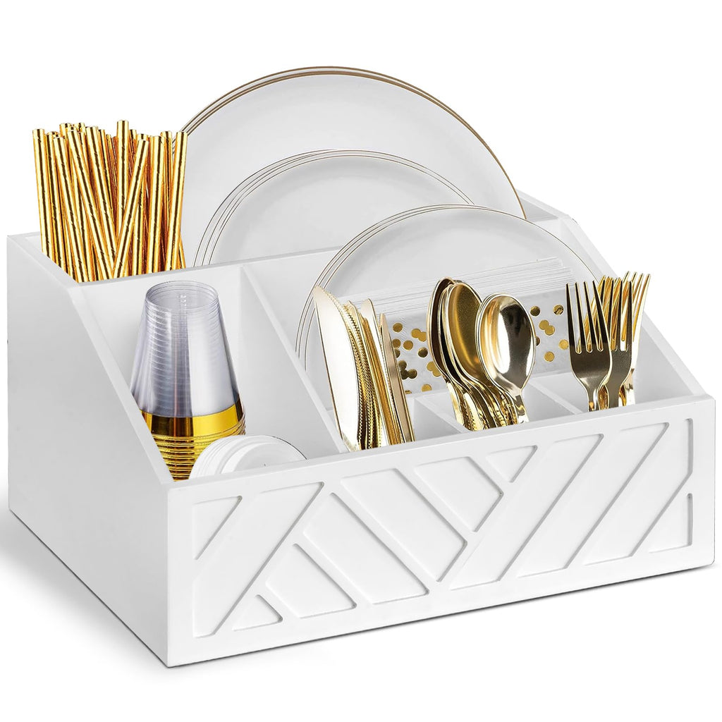 Six Compartment Wooden Utensil Caddy for Paper Plates and Cutlery