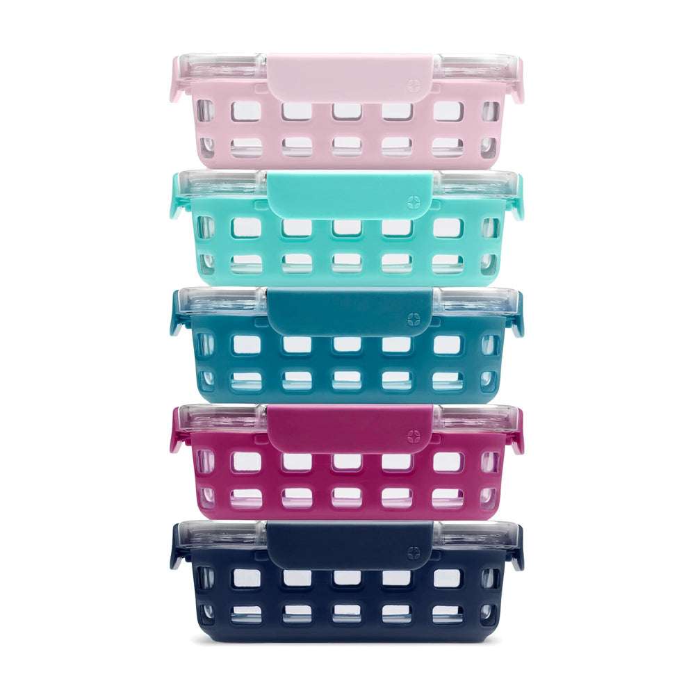 Five Pack Glass Meal Prep Containers with Silicone Sleeves and Airtight Lids