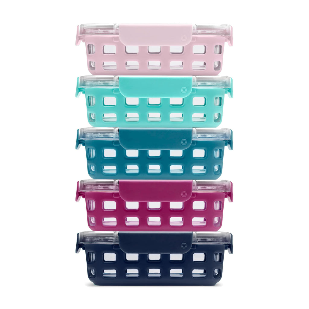 Five Pack Glass Meal Prep Containers with Silicone Sleeves and Airtight Lids