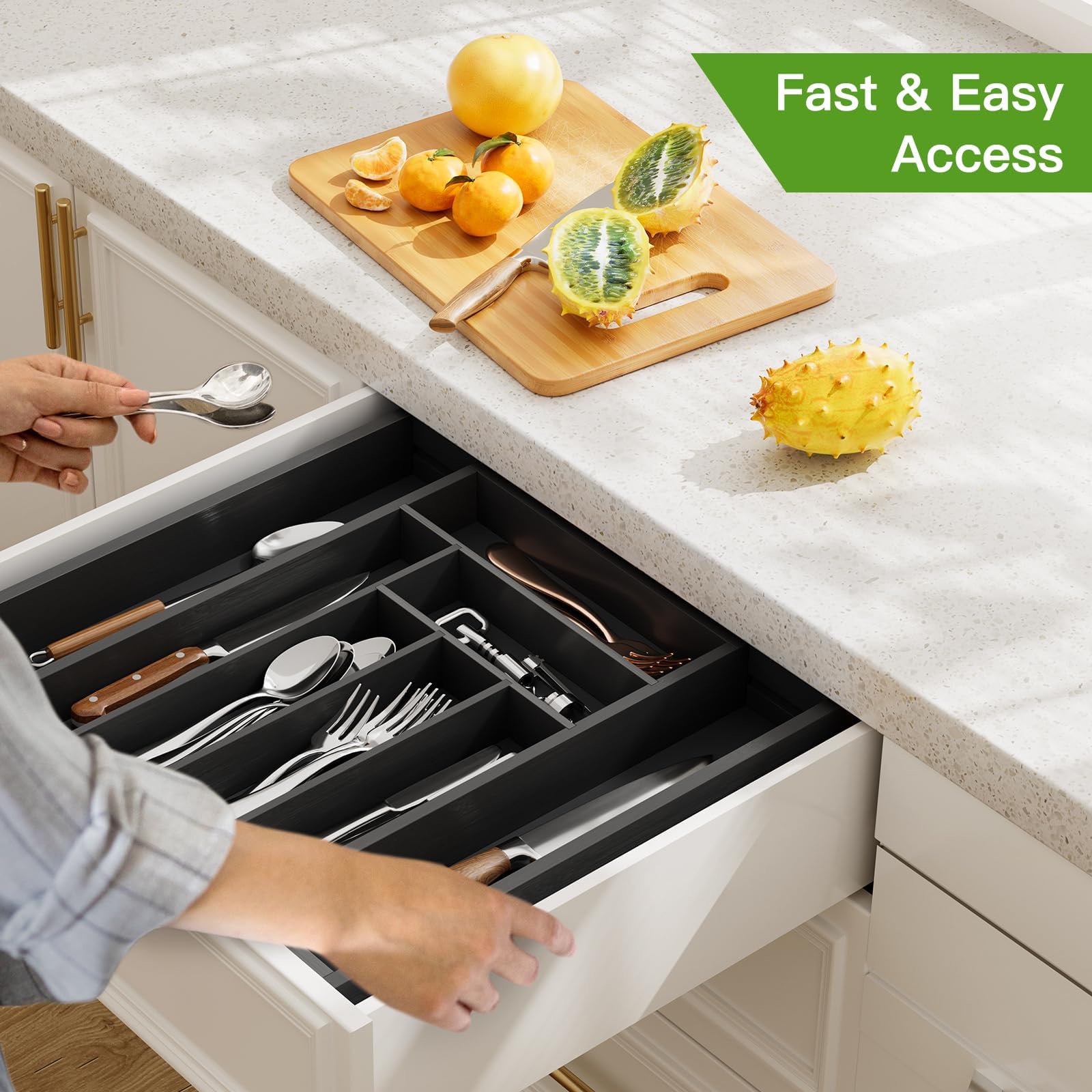 Expandable Bamboo Silverware and Cutlery Tray Organizer