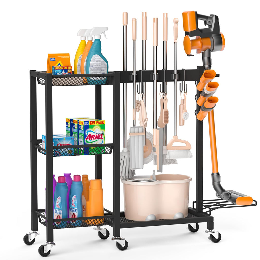 Large Capacity Broom Holder and Cleaning Supplies Organizer