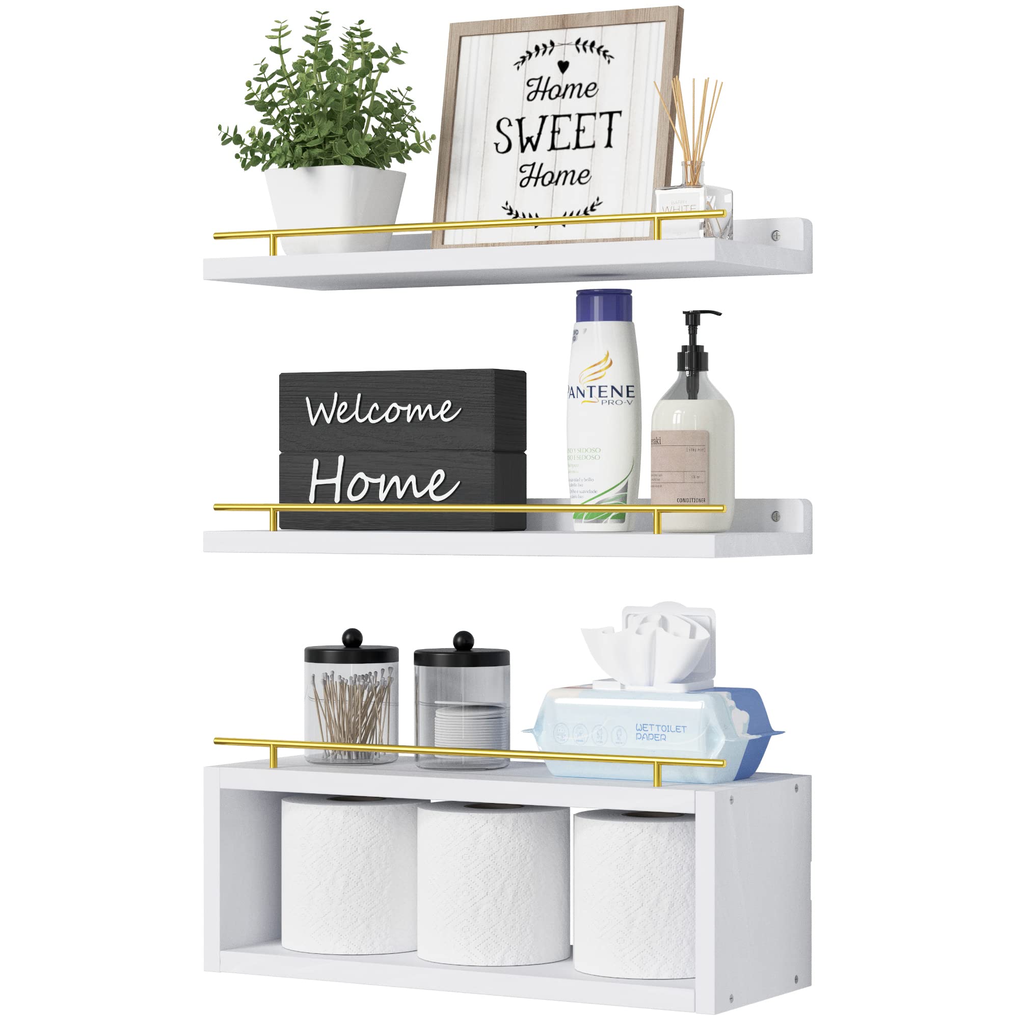 Floating Bathroom Wall Shelves with Cube Storage and Metal Rail