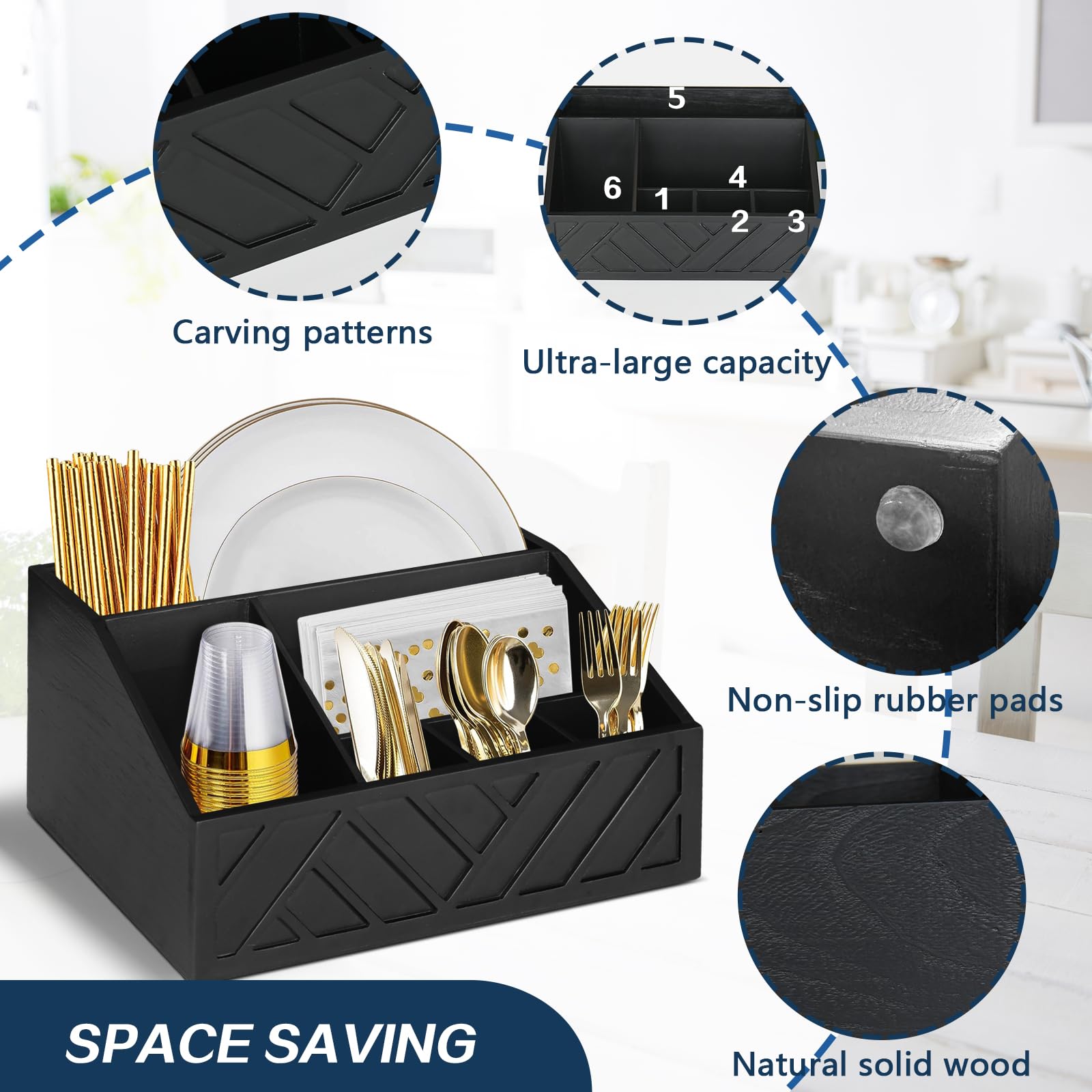 Six Compartment Wooden Utensil Caddy for Paper Plates and Cutlery