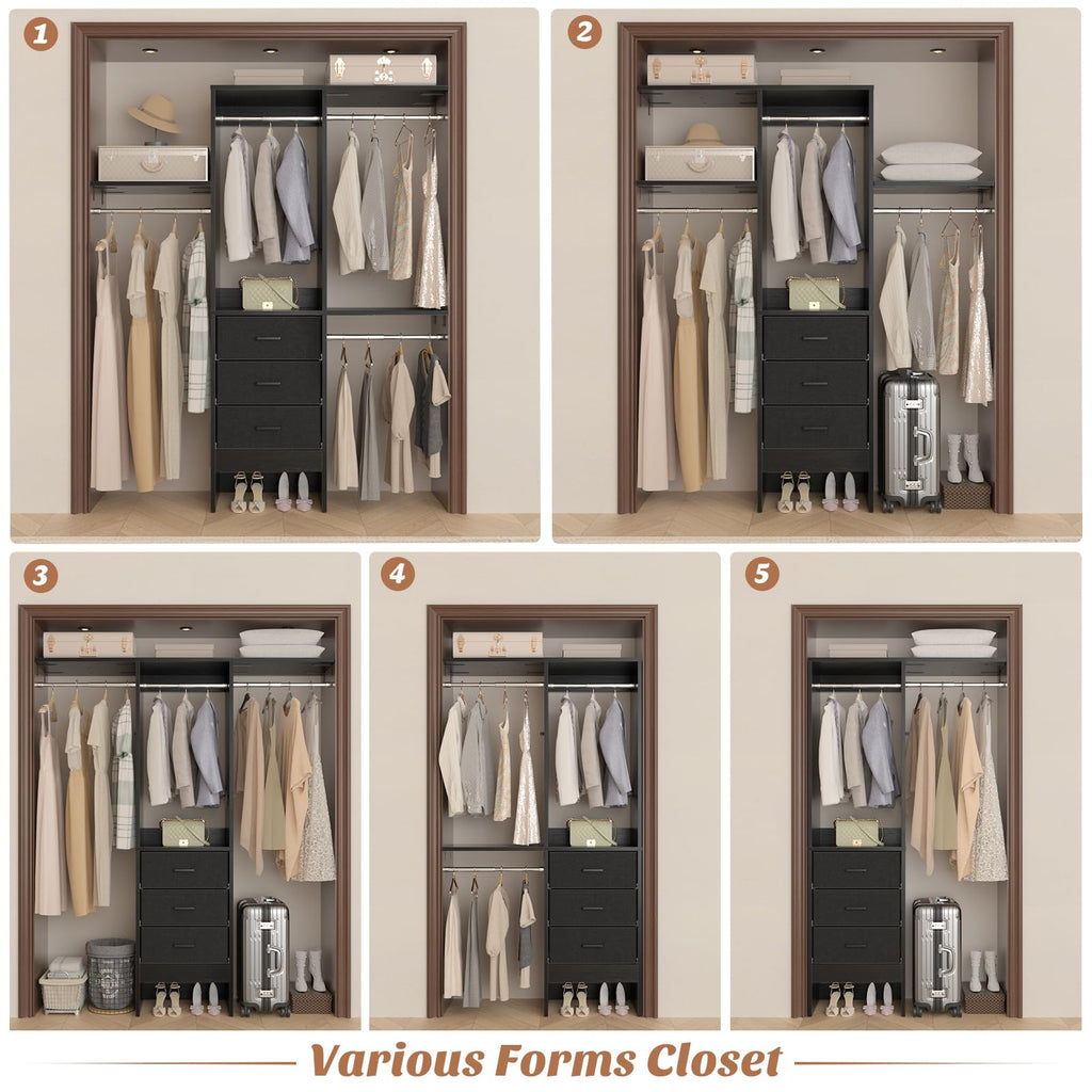 Closet Organizer System with Fabric Drawers Shelves and Garment Rack