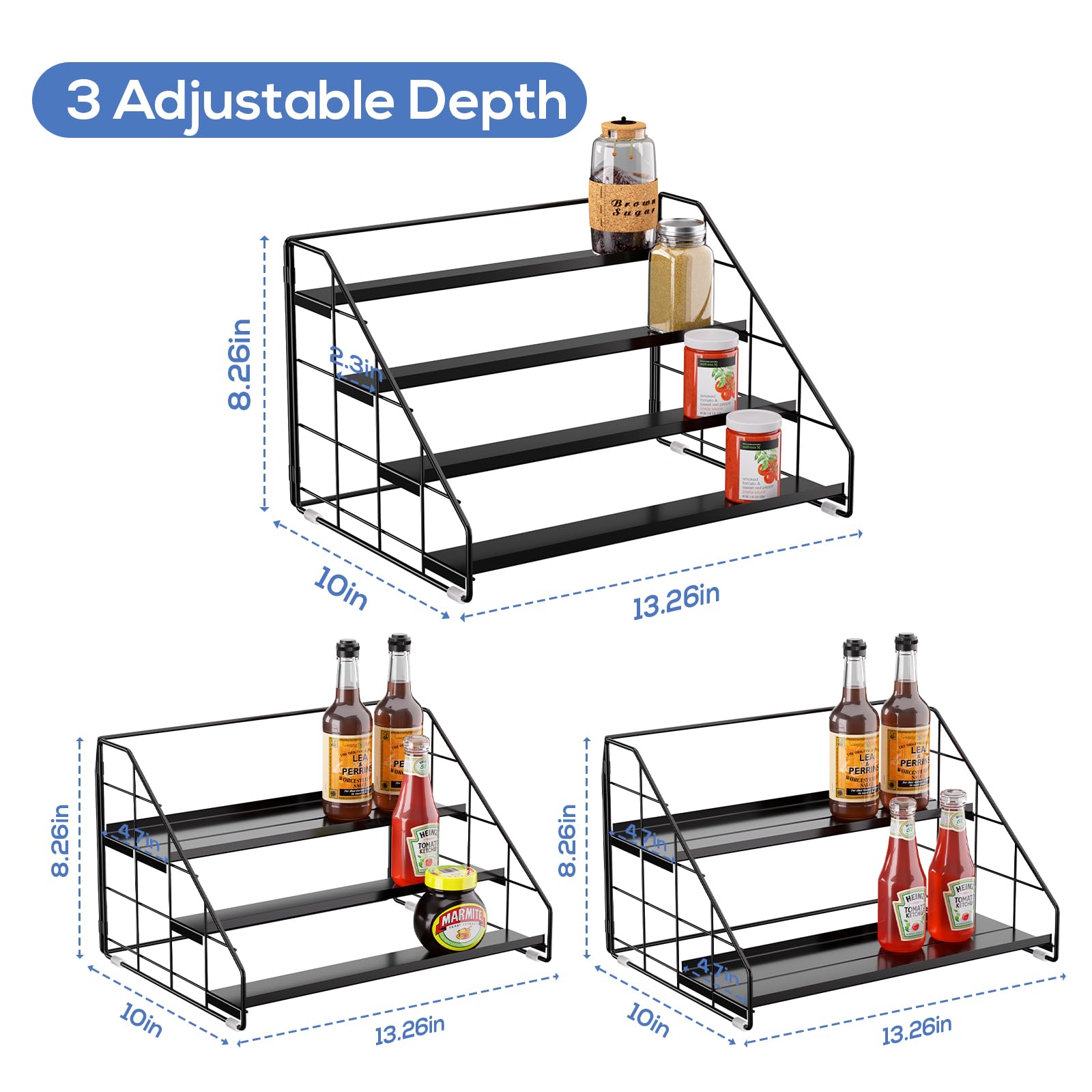 Adjustable Four Tier Spice Rack Organizer for Kitchen Cabinets
