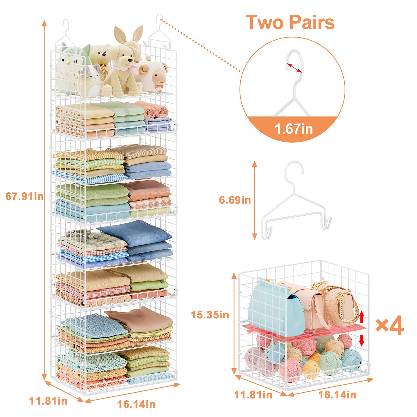 Eight Tier Hanging Closet Organizer with Wire Baskets Hooks and Dividers