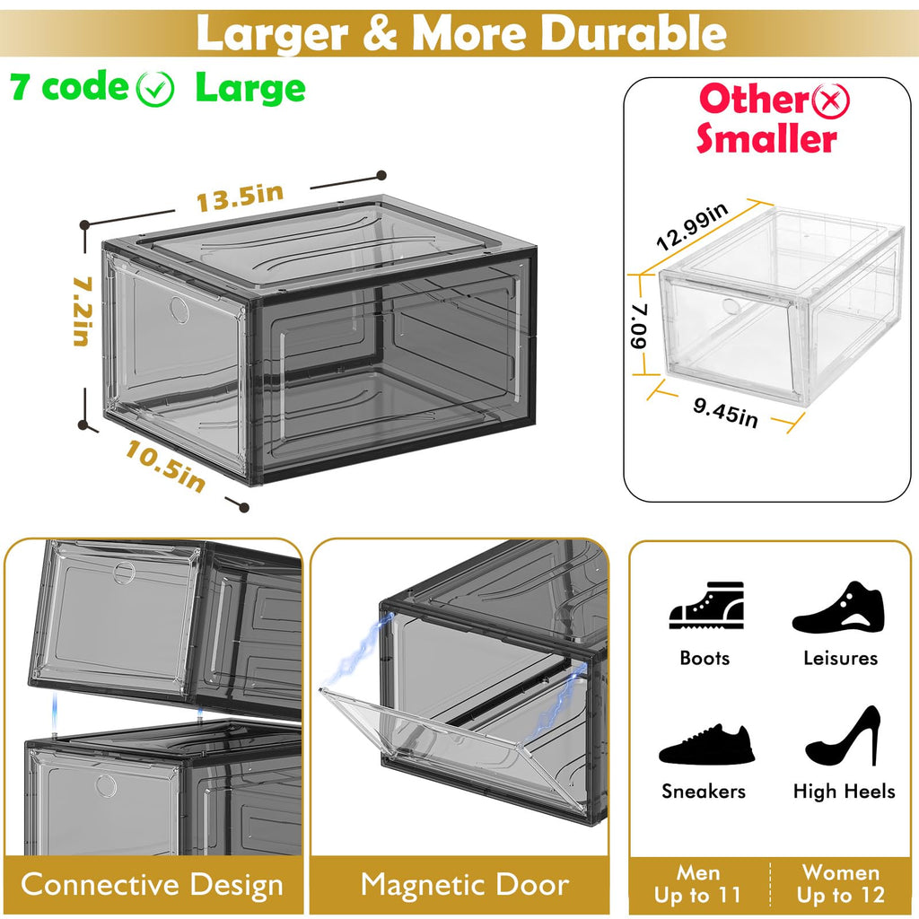 Sturdy Clear Stackable Shoe Storage Boxes with Magnetic Doors