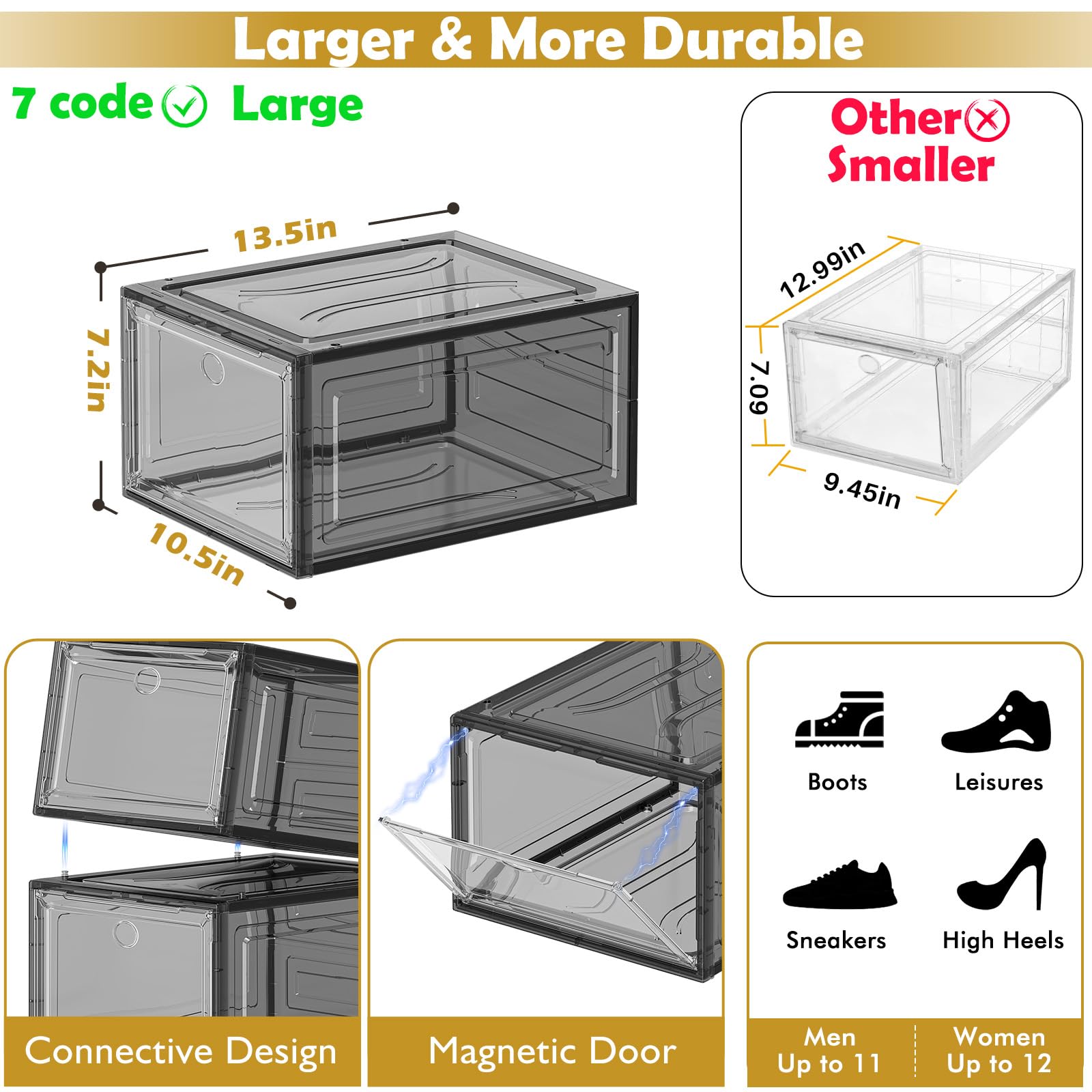 Sturdy Clear Stackable Shoe Storage Boxes with Magnetic Doors