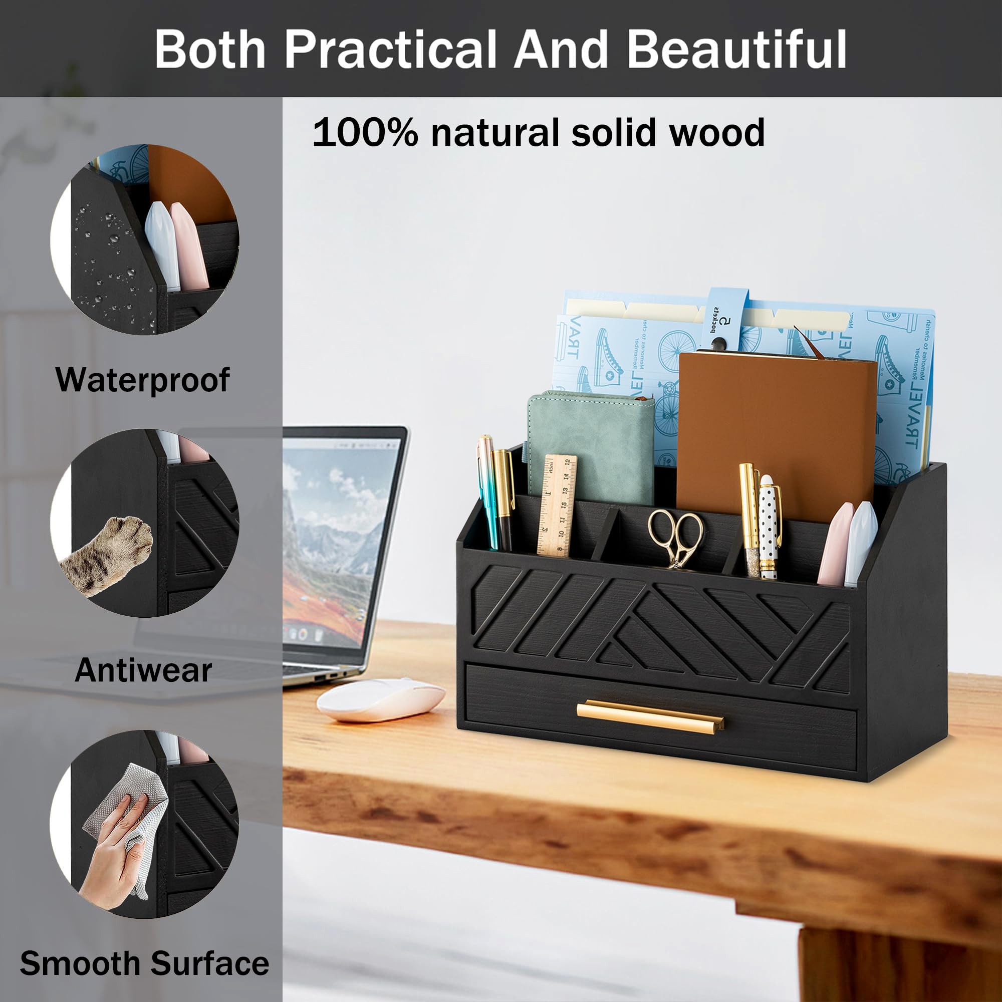 Wood Desk Organizer with Drawer Mail and File Holder