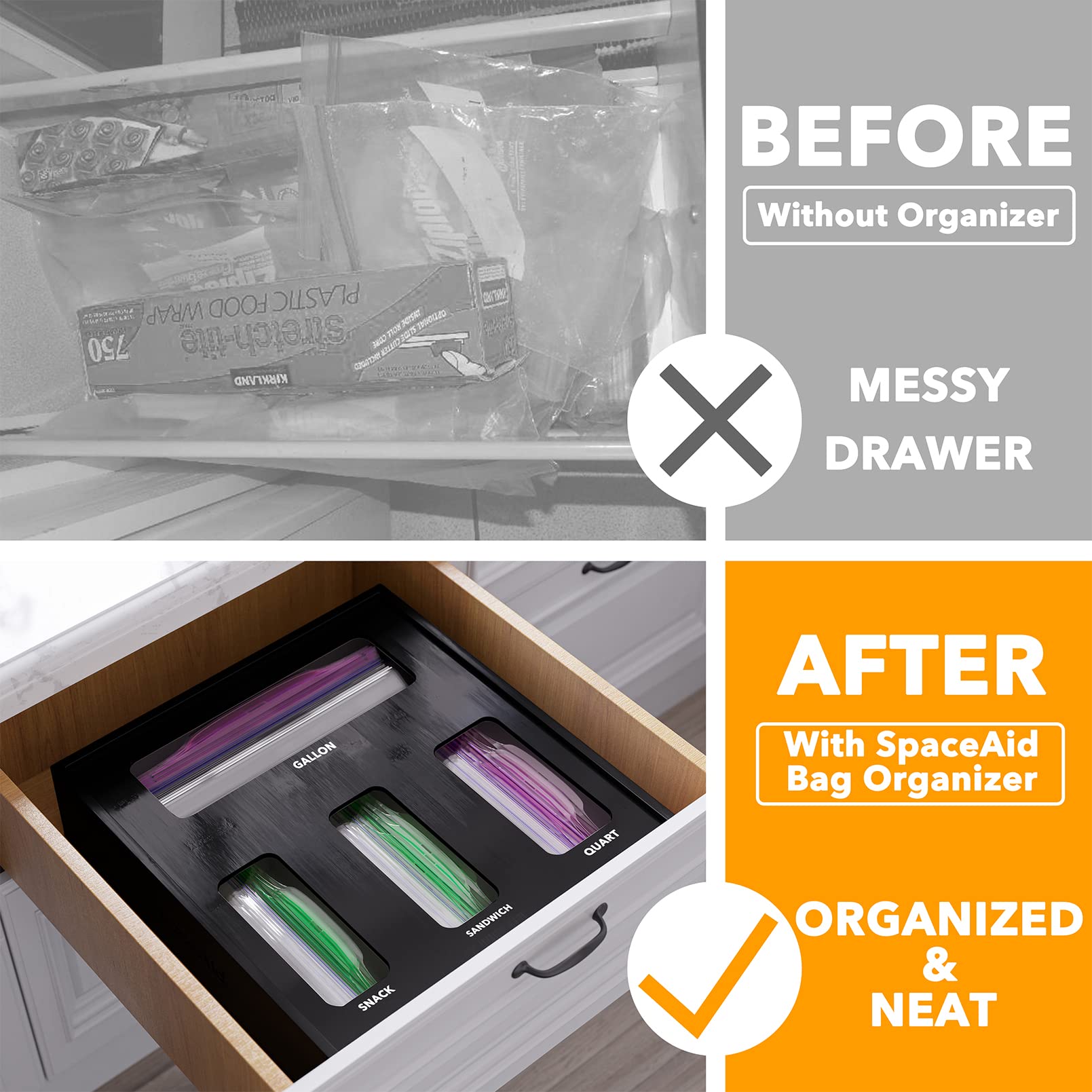 Bamboo Kitchen Drawer Bag Storage Organizer with Four Size Compartments