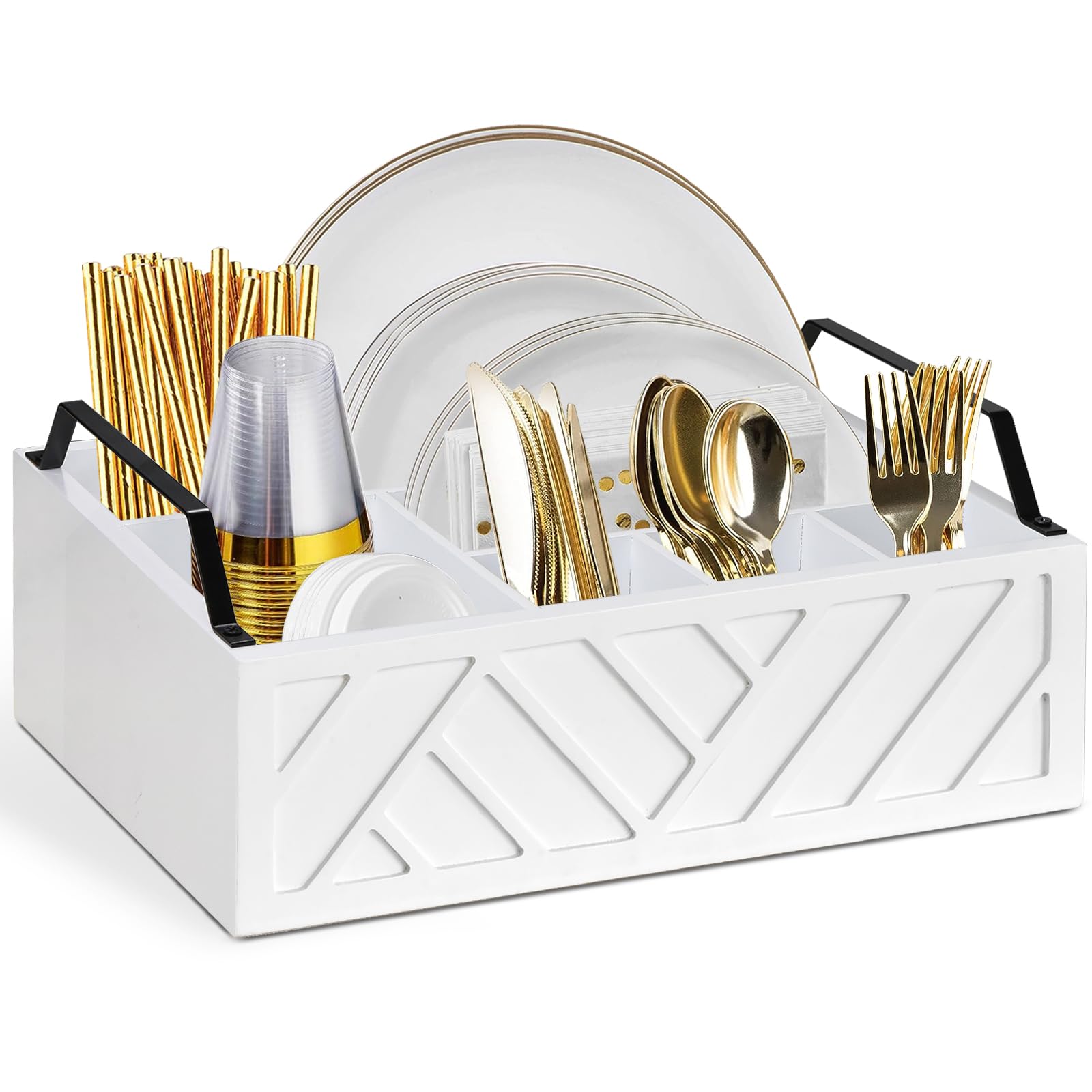 Six Compartment Wooden Utensil Caddy for Paper Plates and Cutlery
