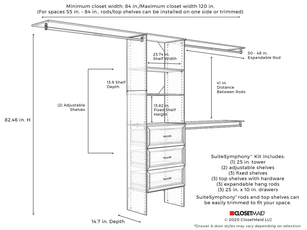 25 Inch Adjustable Closet Organizer Kit with Storage Tower in Pure White