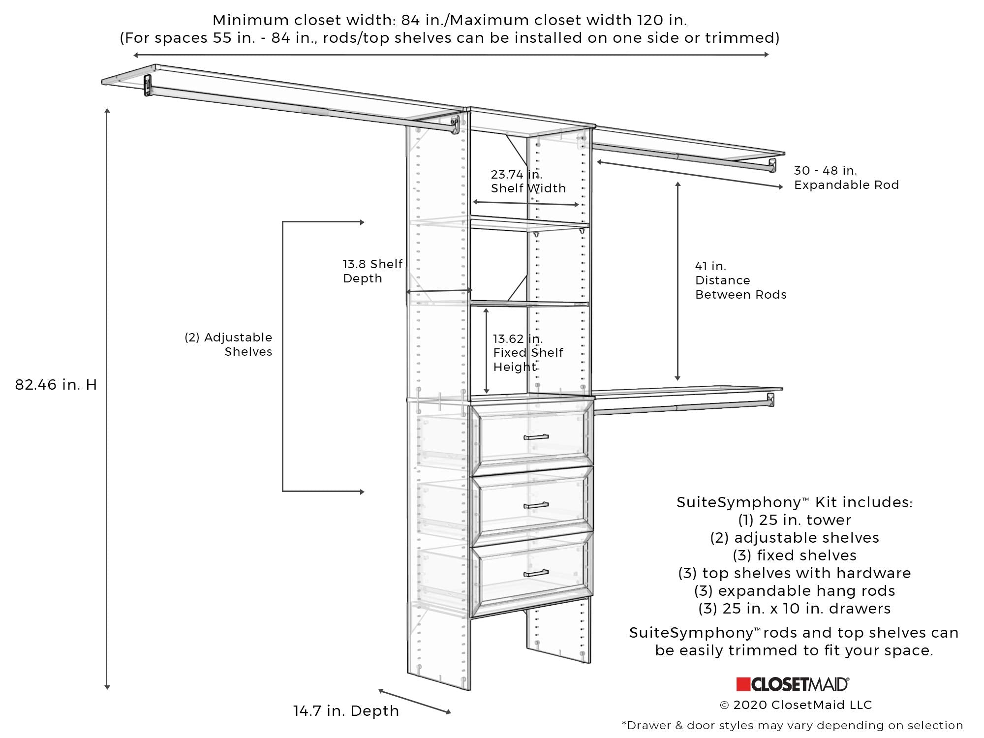 25 Inch Adjustable Closet Organizer Kit with Storage Tower in Pure White