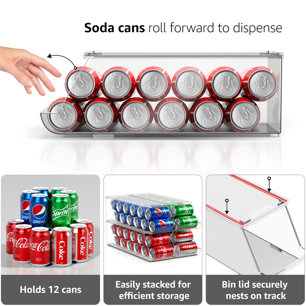 Four Pack Stackable Clear Refrigerator Can Organizers with 12 Can Capacity