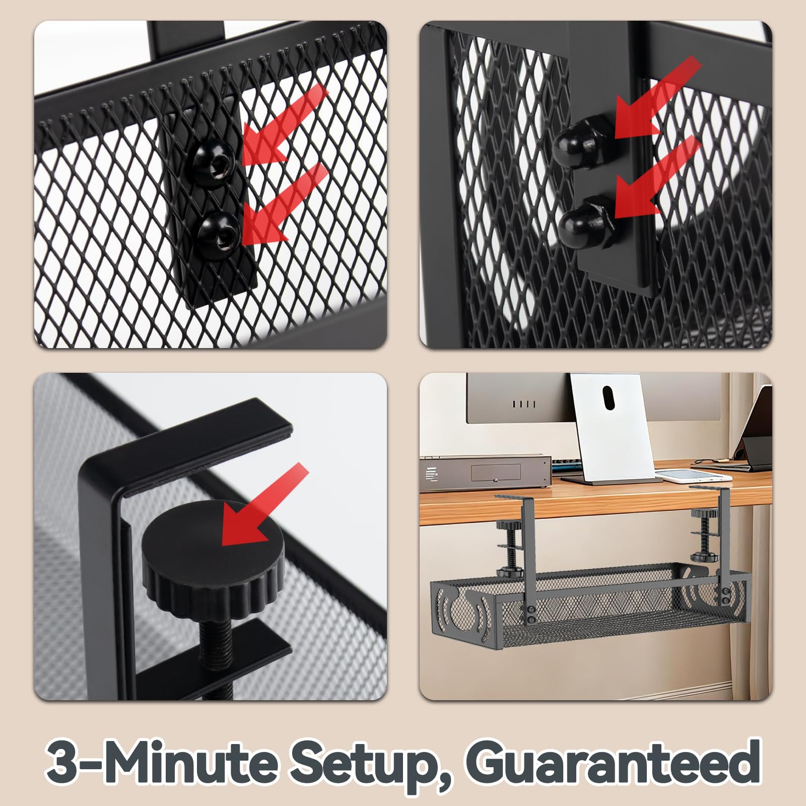 No Drill 15 Inch Under Desk Cable Management Tray