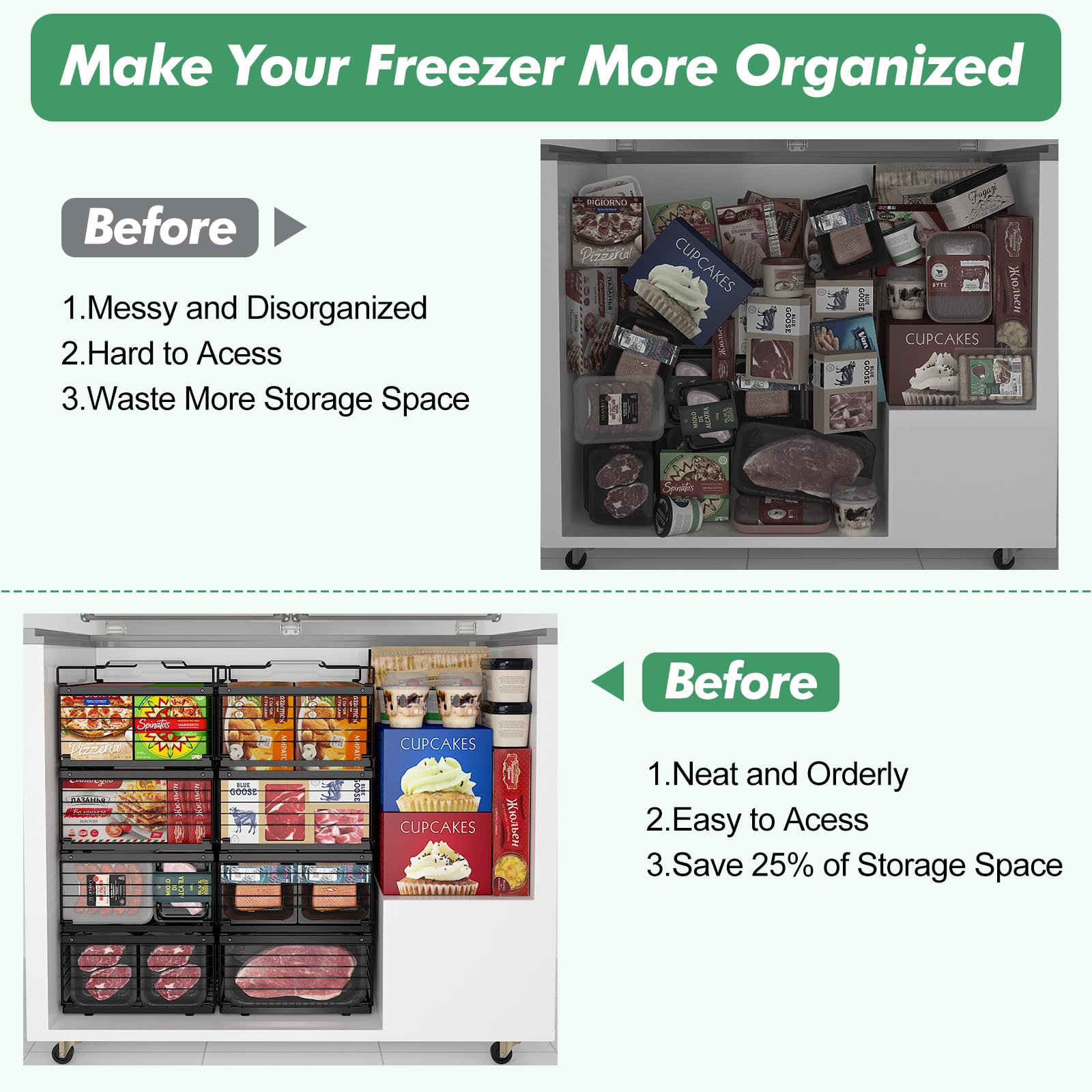 Four Pack Adjustable Stackable Freezer Organizer Bins for Chest Freezer