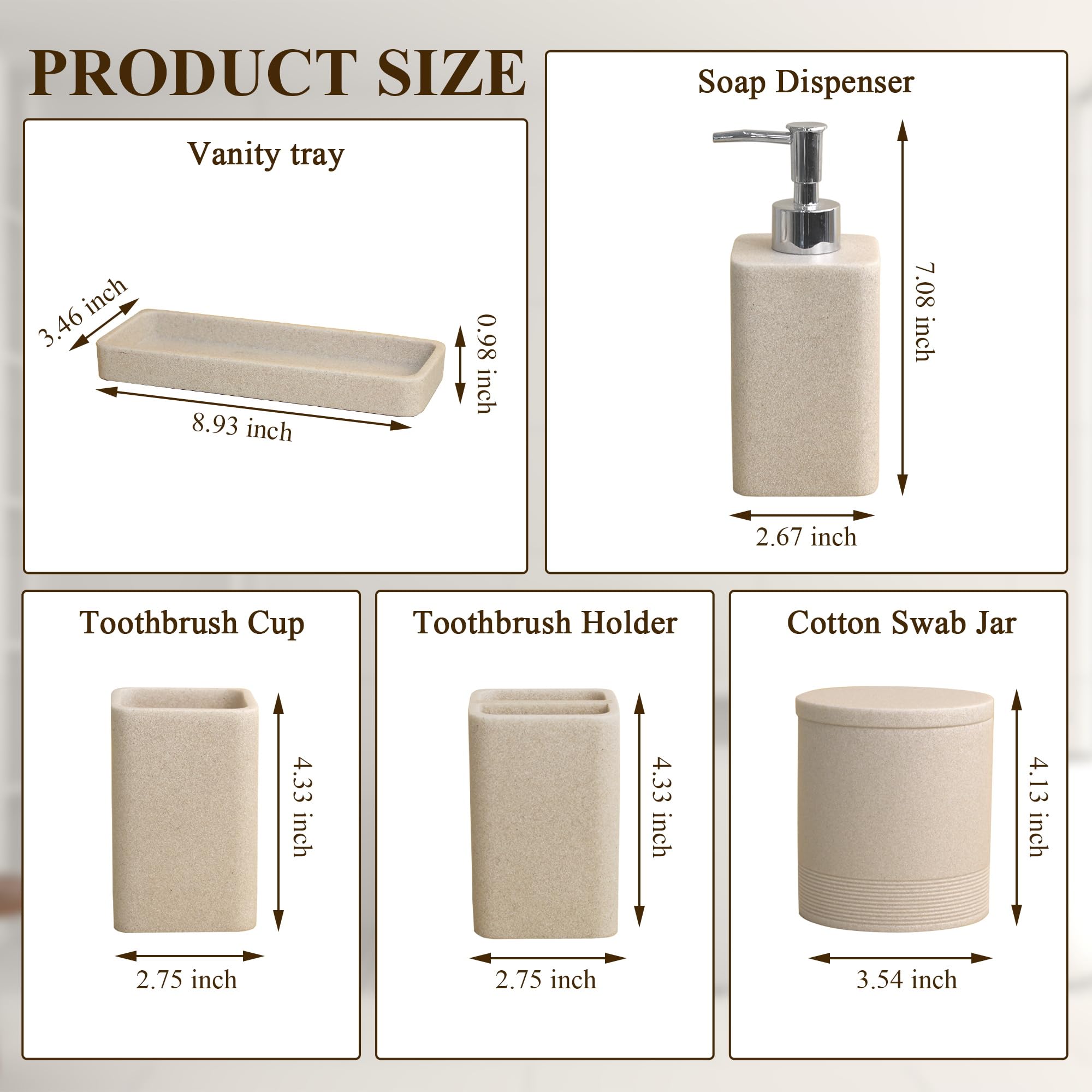 Six Piece Bathroom Accessories Set with Soap Dispenser and Vanity Tray