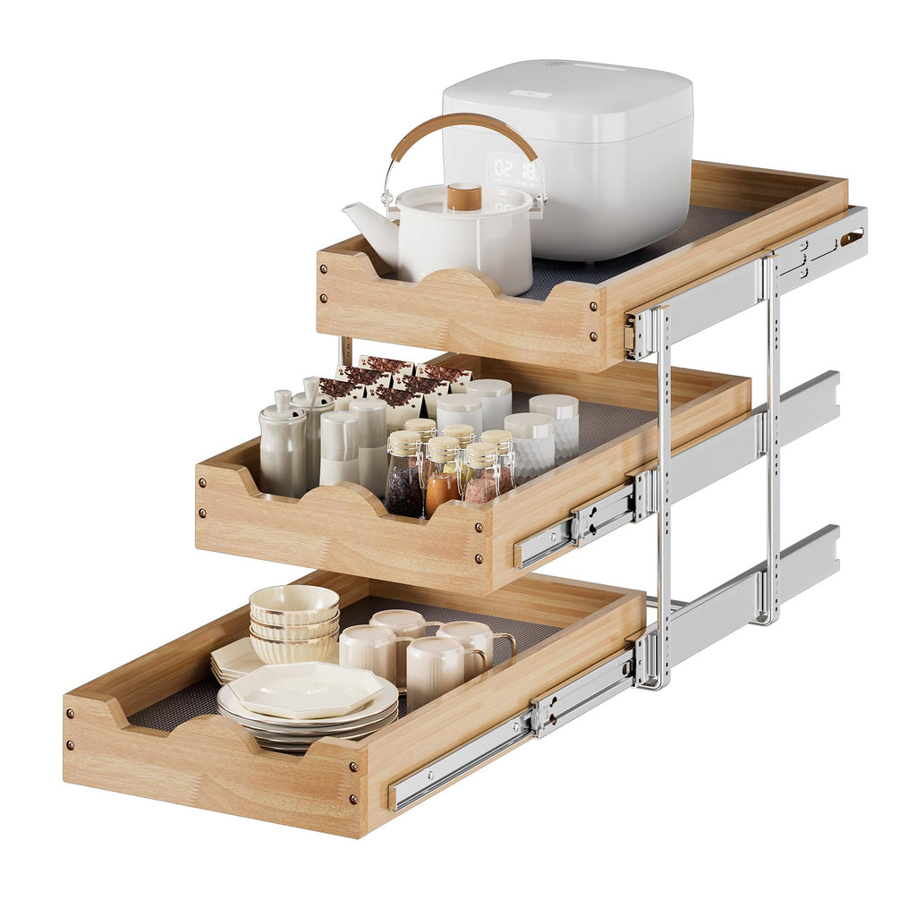 Two Tier Pull Out Cabinet Organizer with Wood Drawer