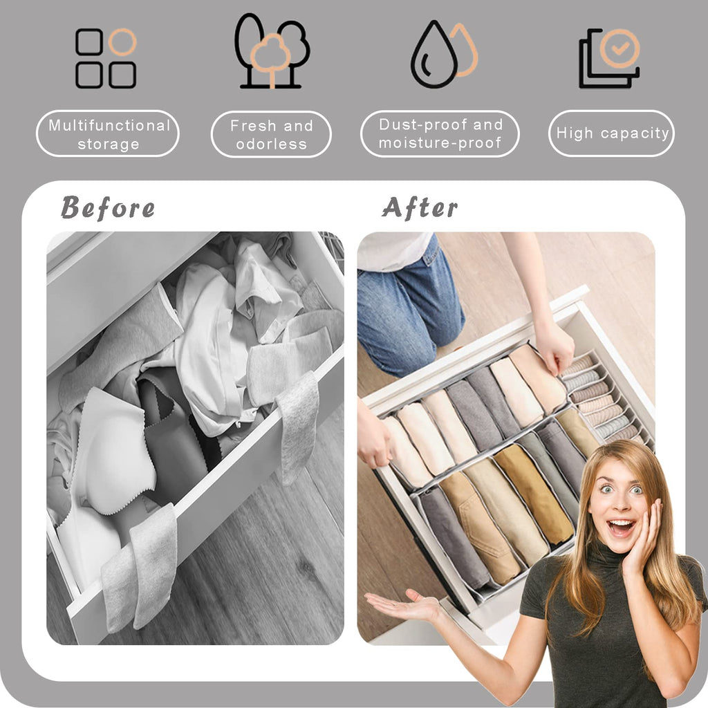 Six Pack Washable Clothes Drawer Organizers with Foldable Compartments