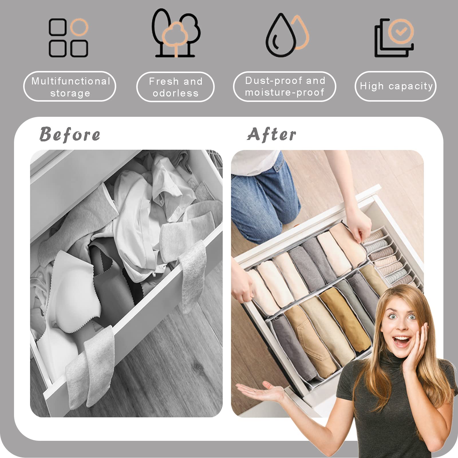 Six Pack Washable Clothes Drawer Organizers with Foldable Compartments