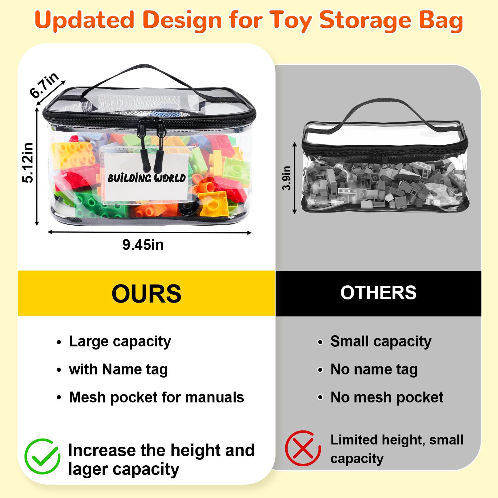 Six Pack Clear Toy Storage Bags with Name Tags and Manual Pockets