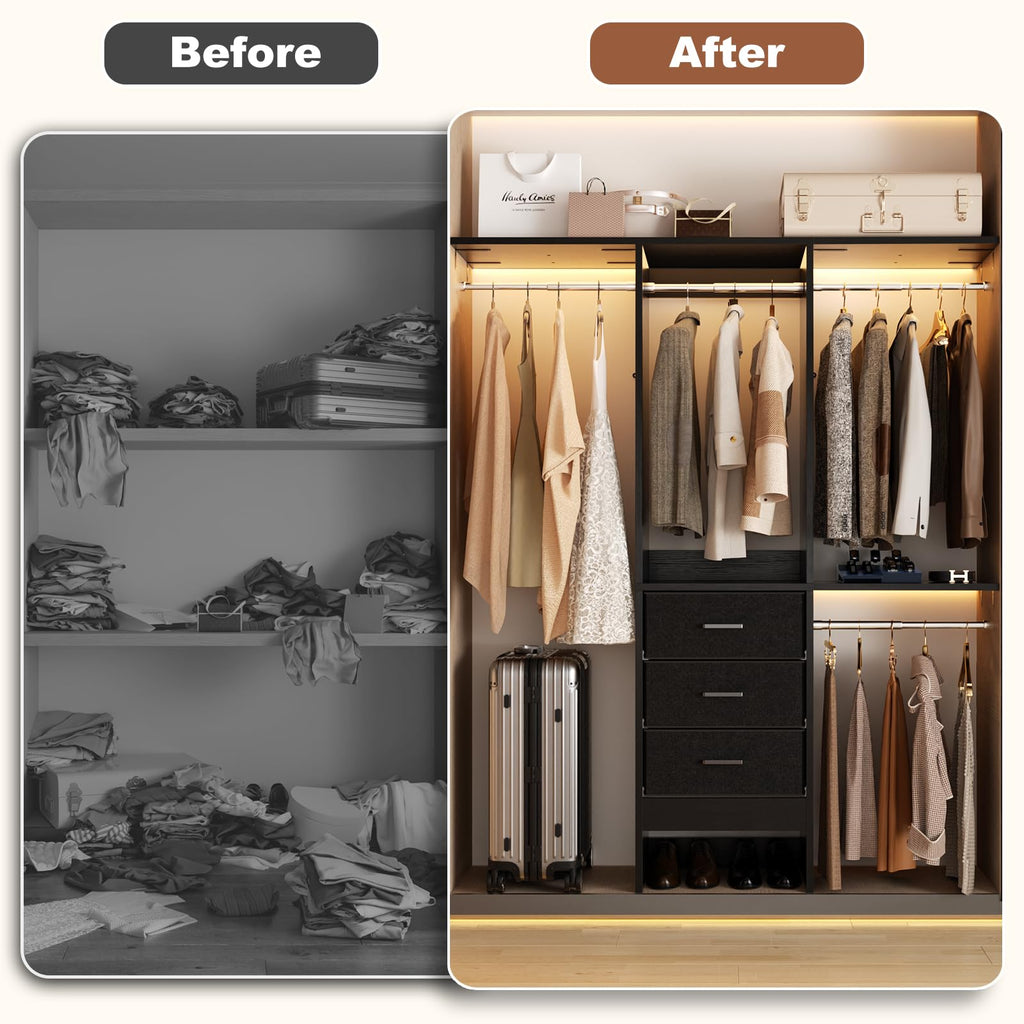 Closet Organizer System with Fabric Drawers Shelves and Garment Rack