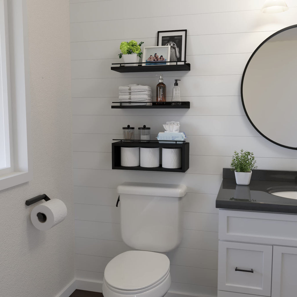 Floating Bathroom Wall Shelves with Cube Storage and Metal Rail