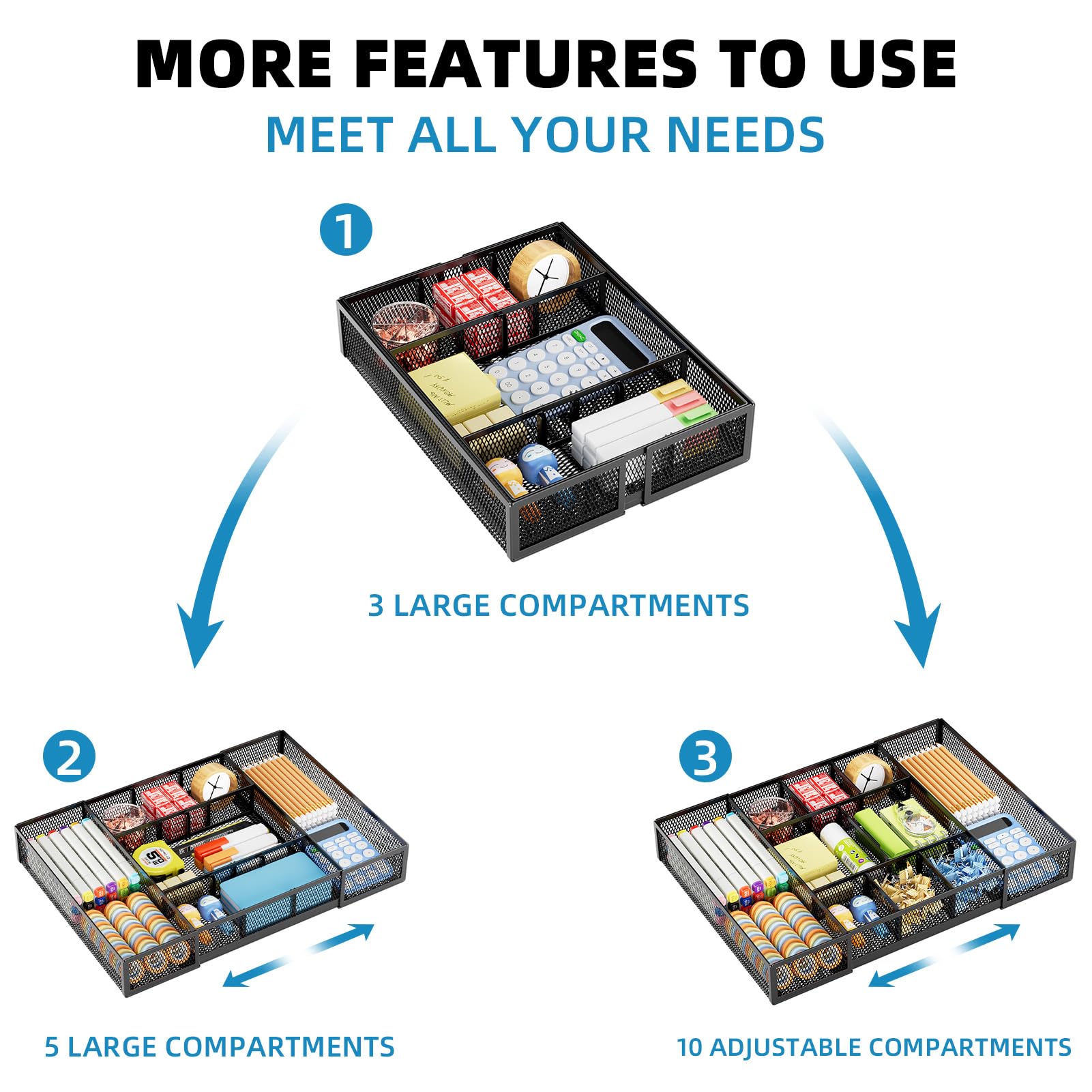 Expandable Desk Drawer Organizer with Ten Adjustable Compartments