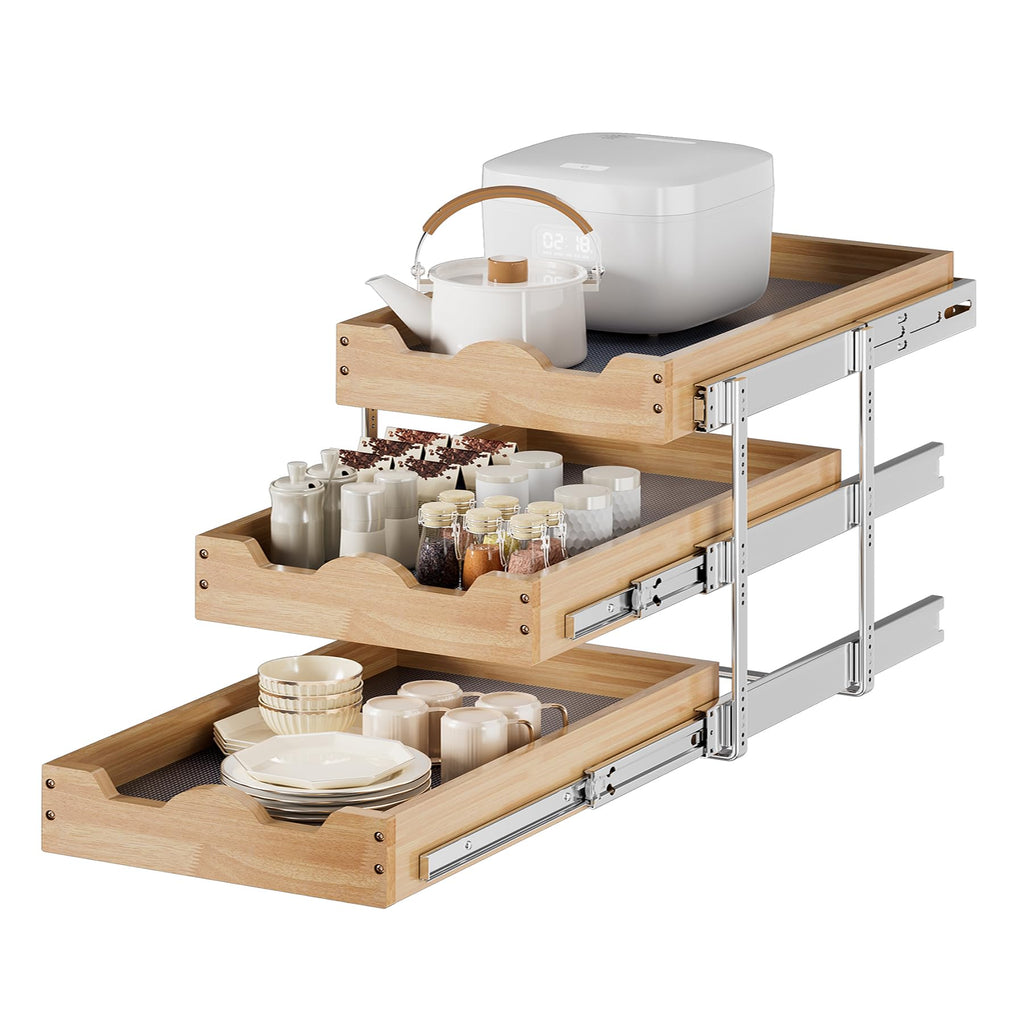 Two Tier Pull Out Cabinet Organizer with Wood Drawer